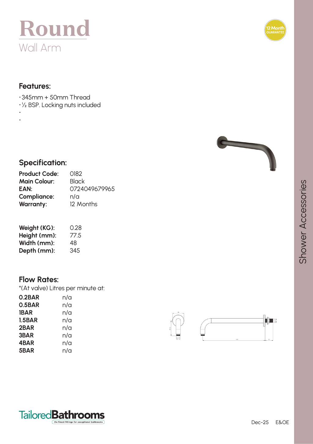Tailored Round Wall Mounted Shower Arm - 345mm Long - specification sheet with technical drawing and dimensions