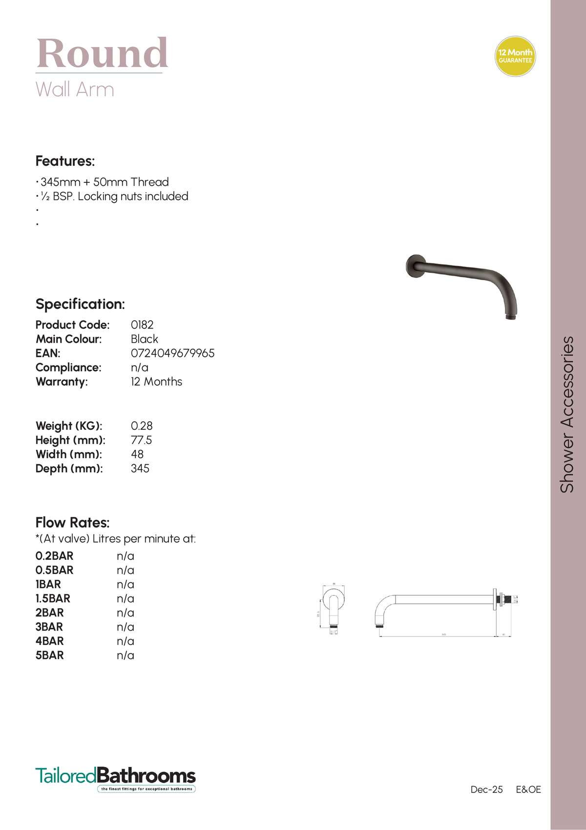 Tailored Round Wall Mounted Shower Arm - 345mm Long - specification sheet with technical drawing and dimensions