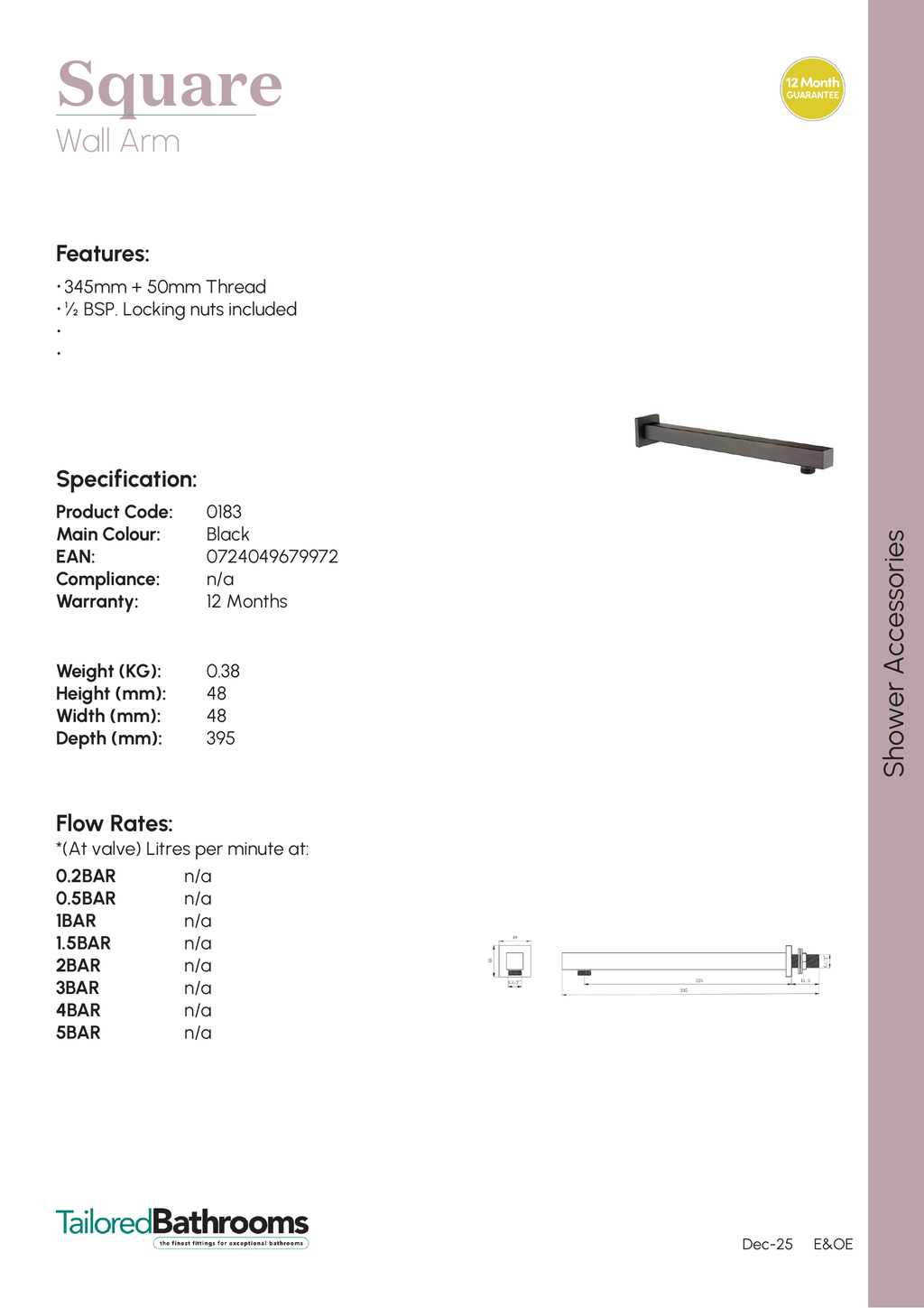 Tailored Square Wall Mounted Shower Arm - 345mm Long - specification sheet with technical drawing and dimensions
