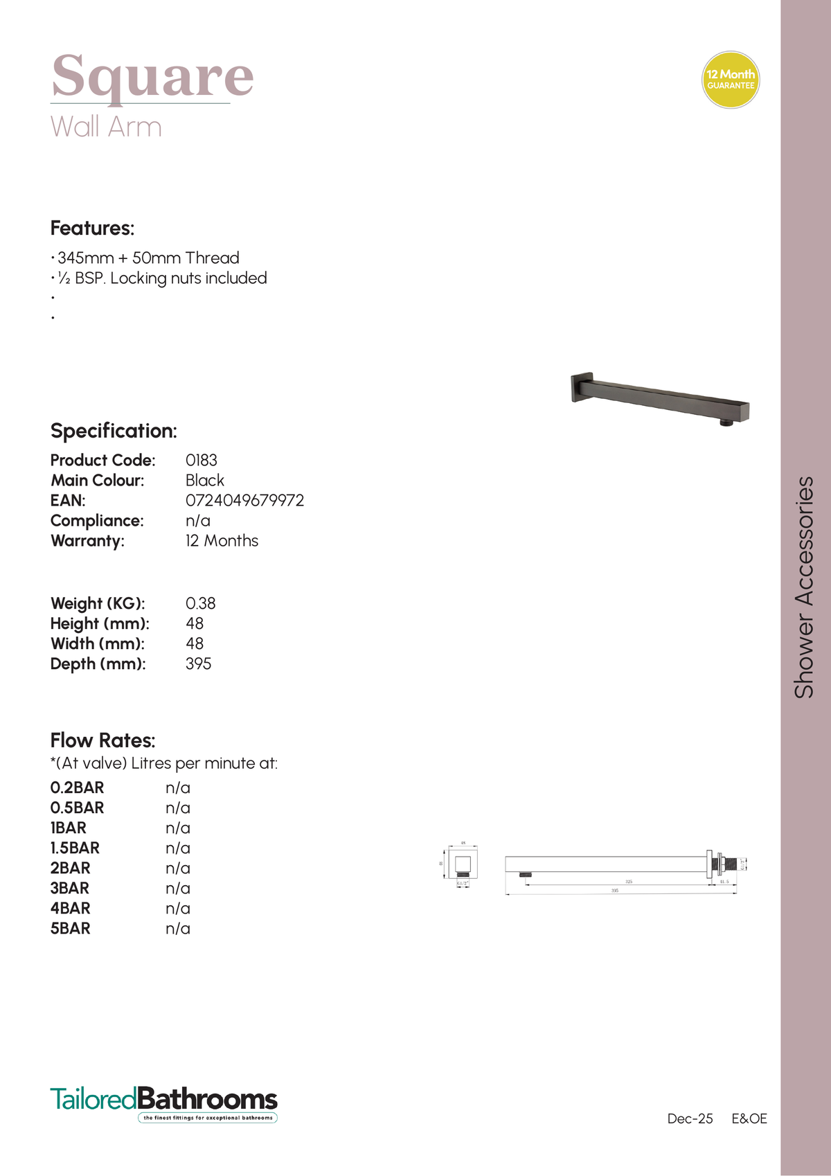 Tailored Square Wall Mounted Shower Arm - 345mm Long - specification sheet with technical drawing and dimensions