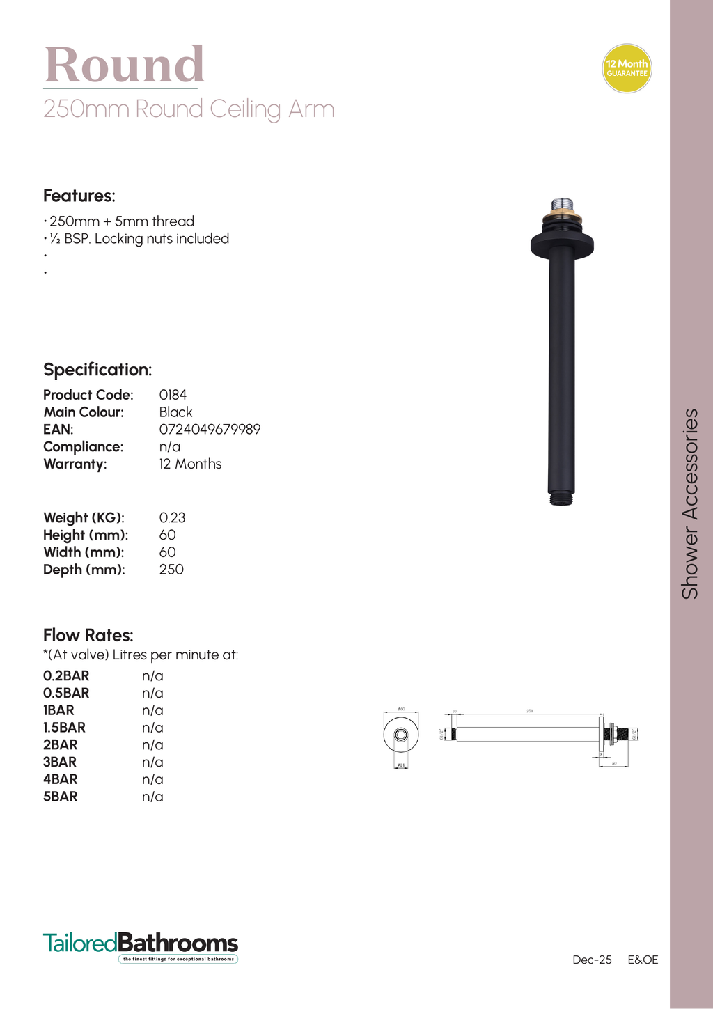 Tailored Round Ceiling Shower Arm - 250mm Long - specification sheet with technical drawing and dimensions