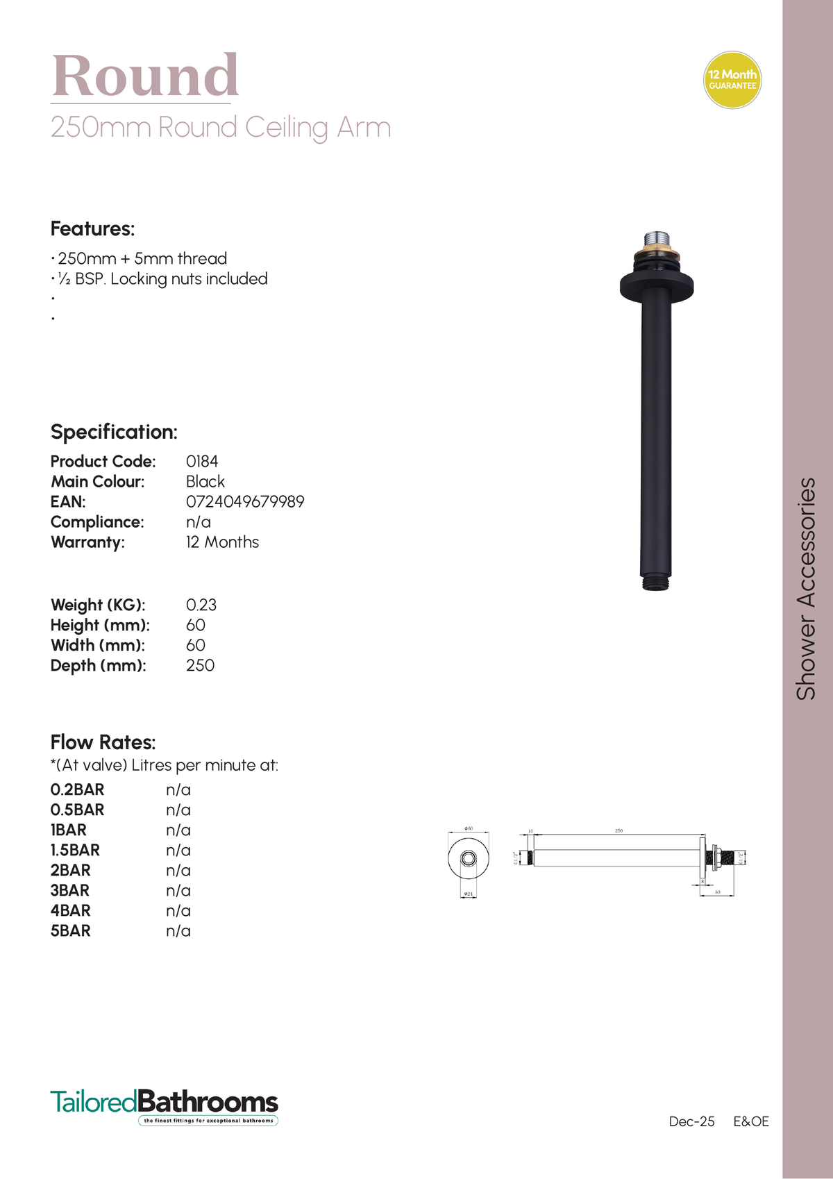 Tailored Round Ceiling Shower Arm - 250mm Long - specification sheet with technical drawing and dimensions