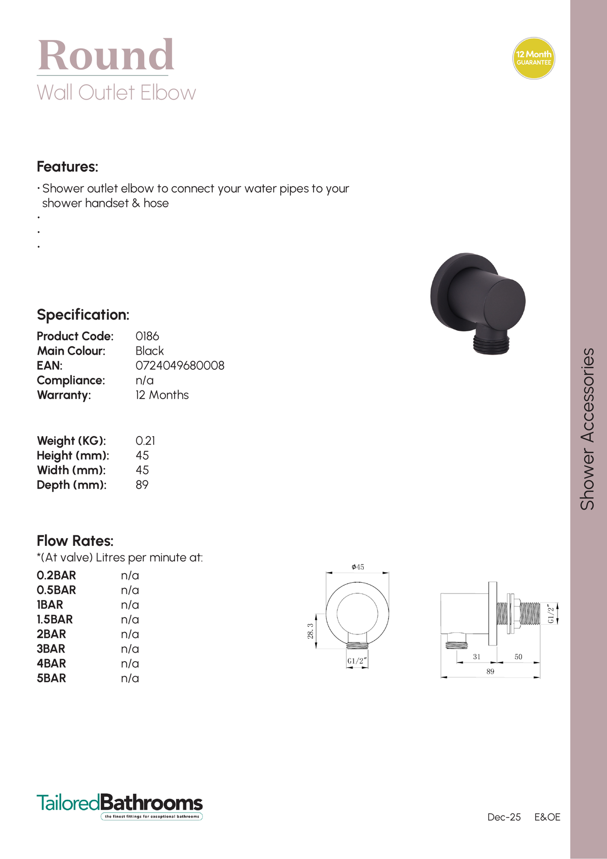 Tailored Round Wall Outlet Elbow - specification sheet with technical drawing and dimensions