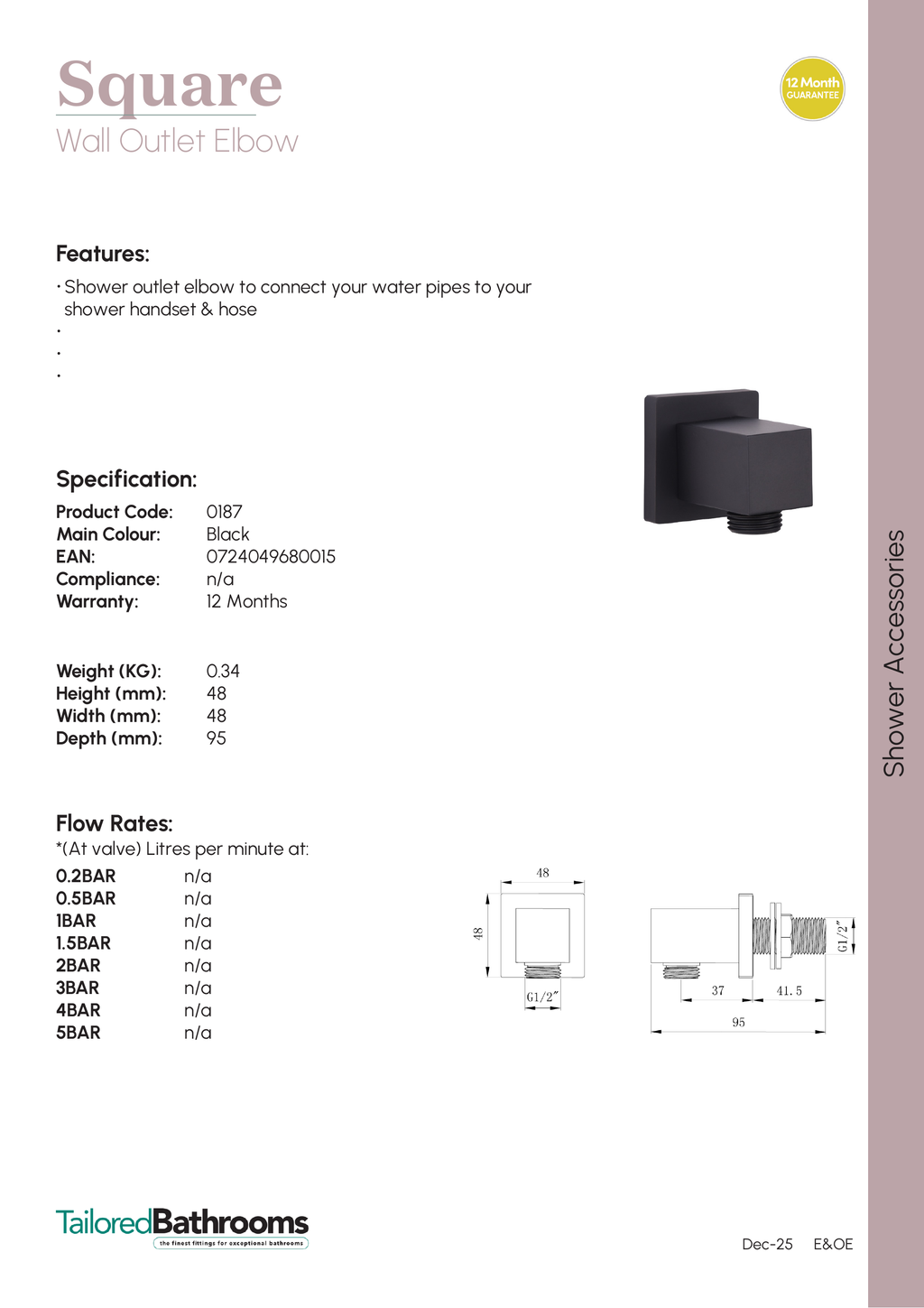 Tailored Square Wall Outlet Elbow - specification sheet with technical drawing and dimensions