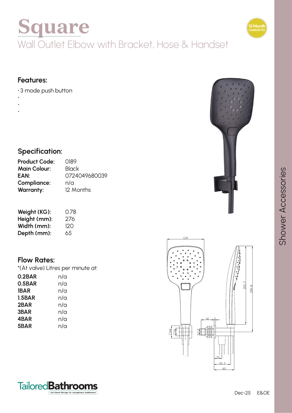 Tailored Square Shower Handset With Wall Outlet Elbow, Bracket And Hose - specification sheet with technical drawing and dimensions
