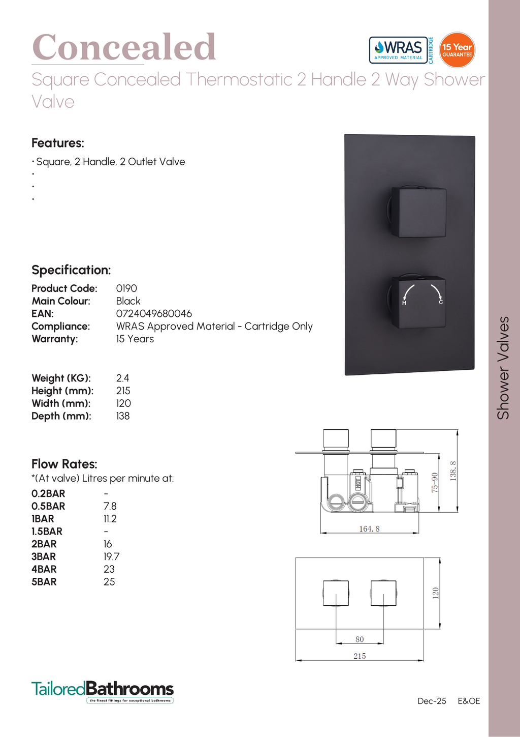 Tailored Square Thermostatic 2 Outlet 2 Handel Concealed Shower Valve - Black - specification sheet with technical drawing and dimensions