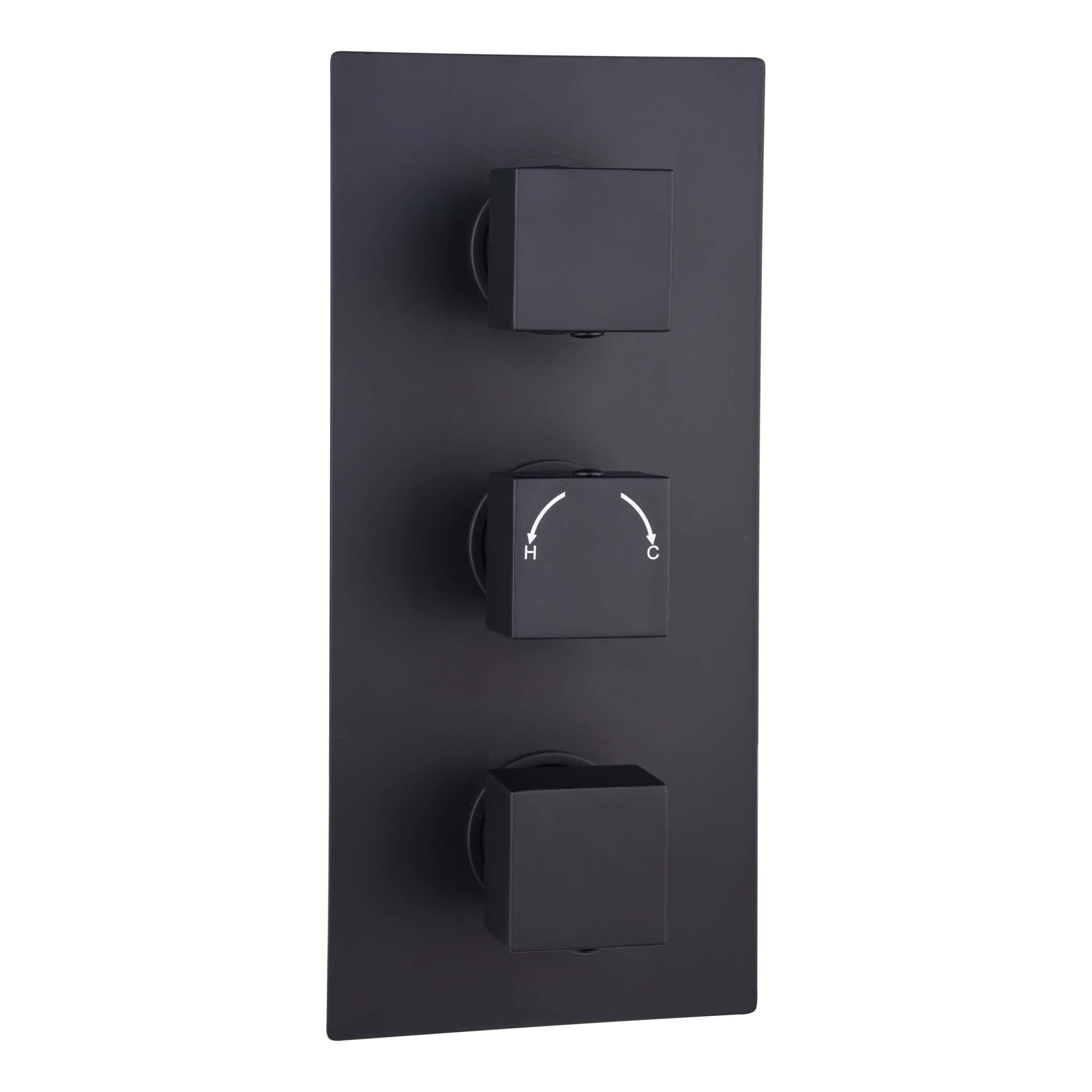 Flexible thermostatic shower controls for modern bathrooms, featuring black matte finish with adjustable temperature dials for personalised shower experience.
