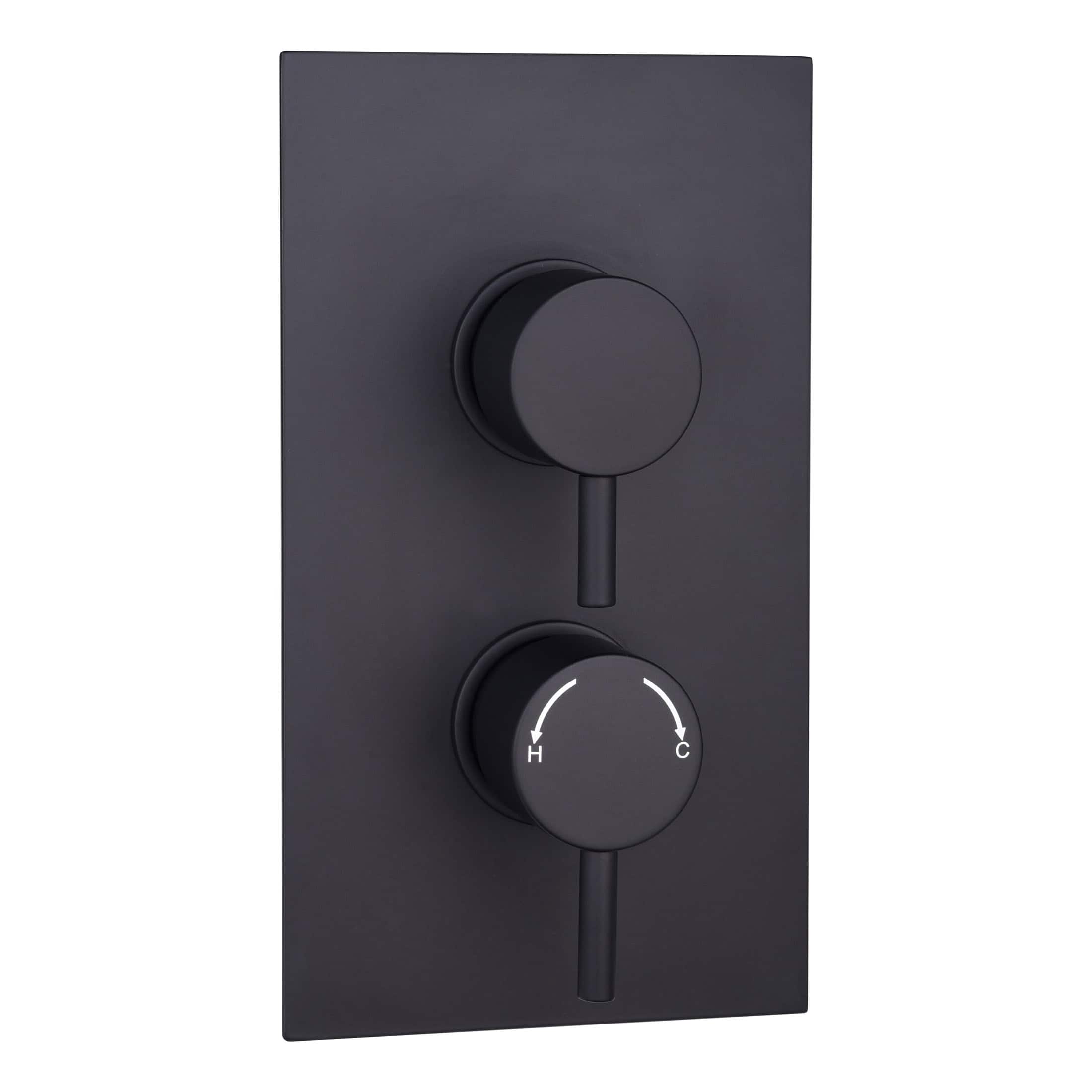 Sleek black thermostatic shower control panel with temperature and water flow dials, perfect for modern bathrooms. Designed for easy regulation of shower temperature and flow, enhancing bathroom comfort and style.