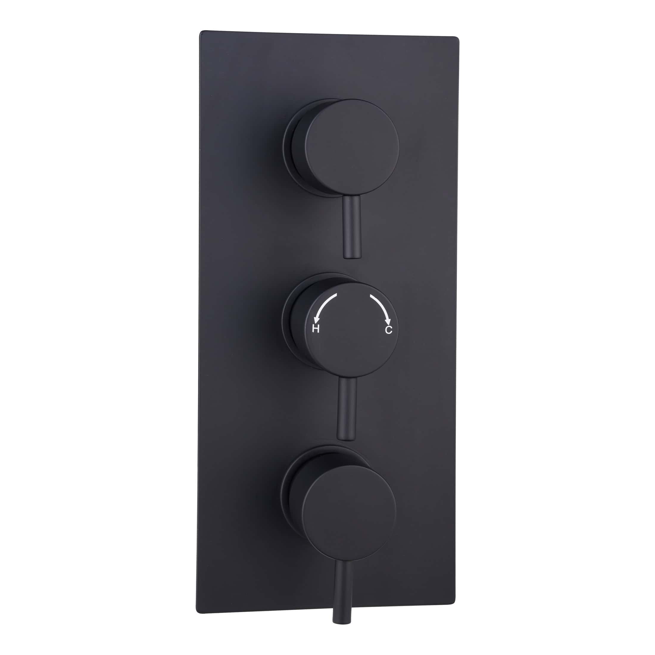 Sleek black radiator thermostat with modern design, ideal for controlling heating temperature in contemporary bathrooms.