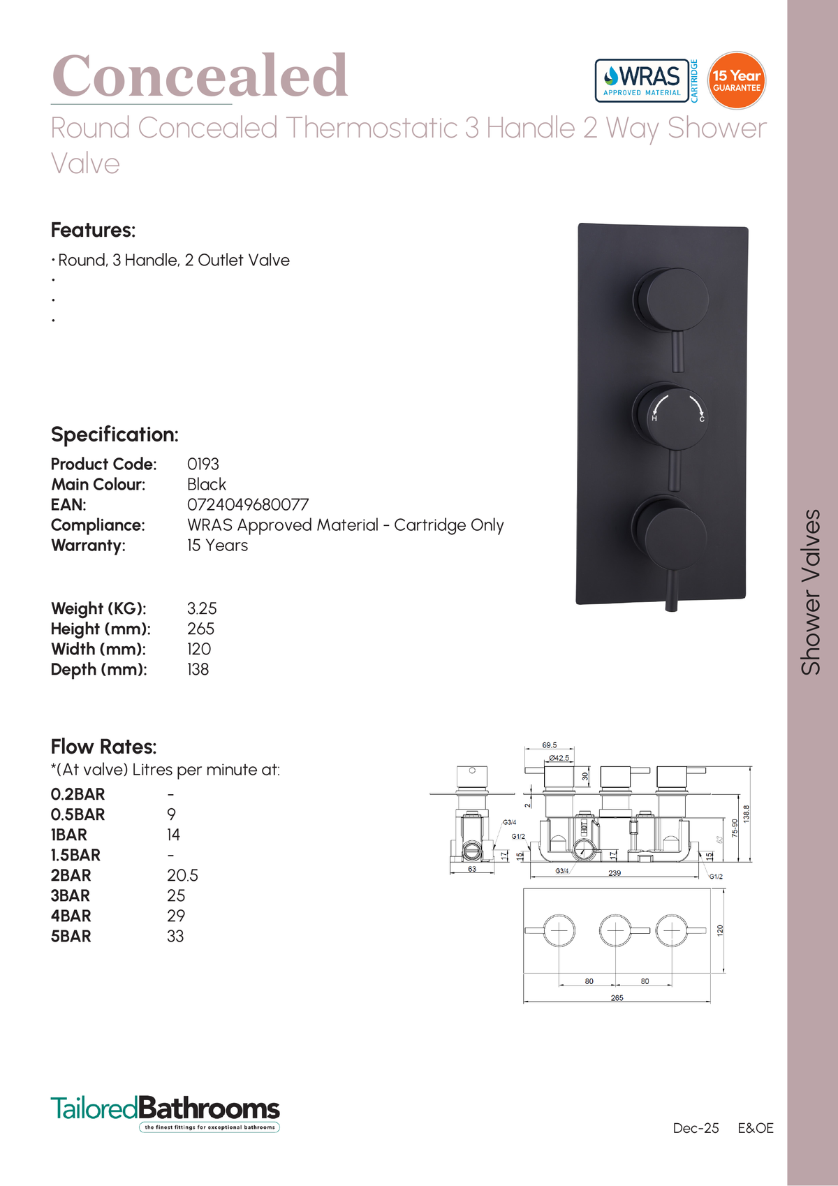 Tailored Round Thermostatic 2 Outlet 3 Handel Concealed Shower Valve - Black - specification sheet with technical drawing and dimensions