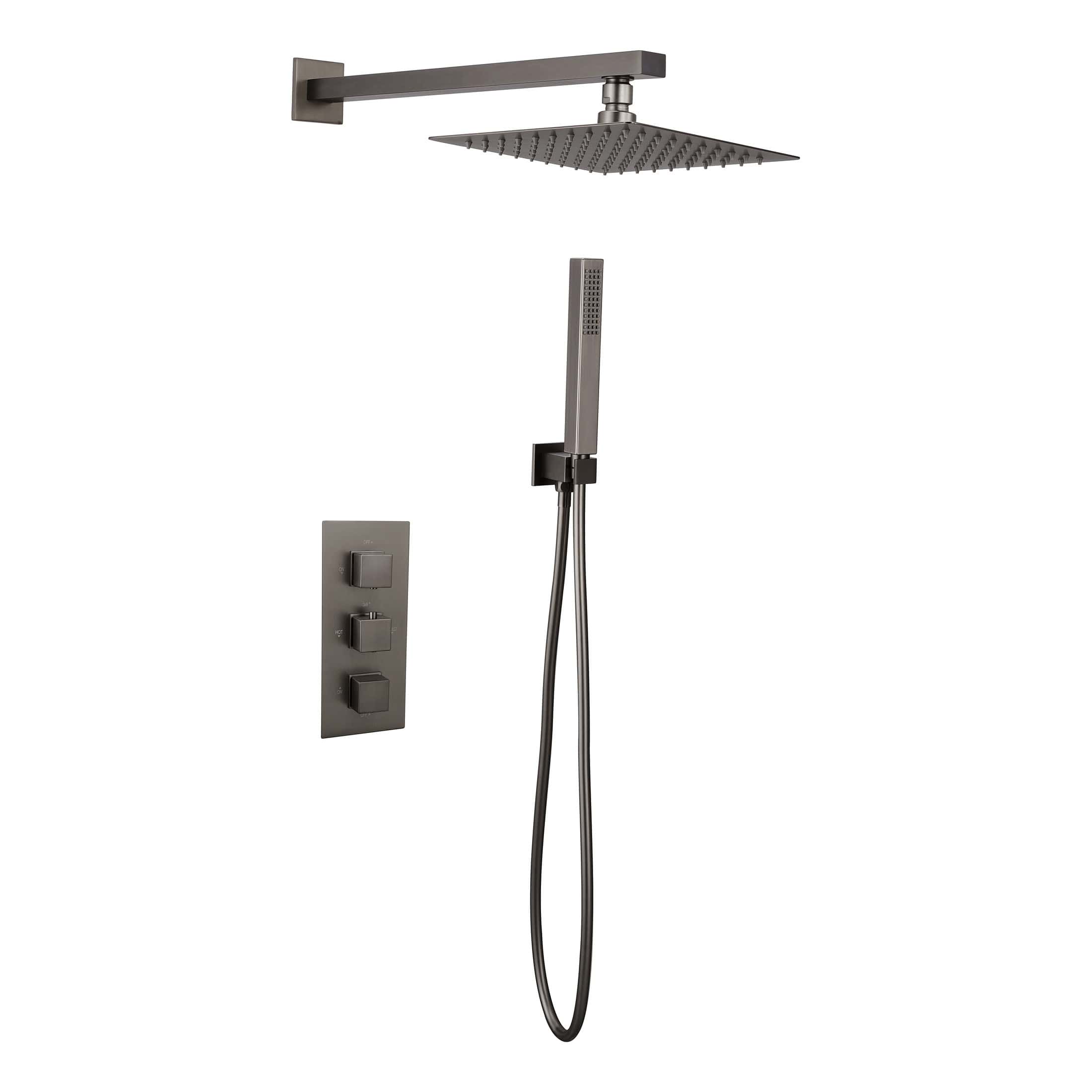 Shower system with rainfall showerhead, handheld shower wand, and wall-mounted controls, ideal for modern bathrooms and luxurious shower experiences.