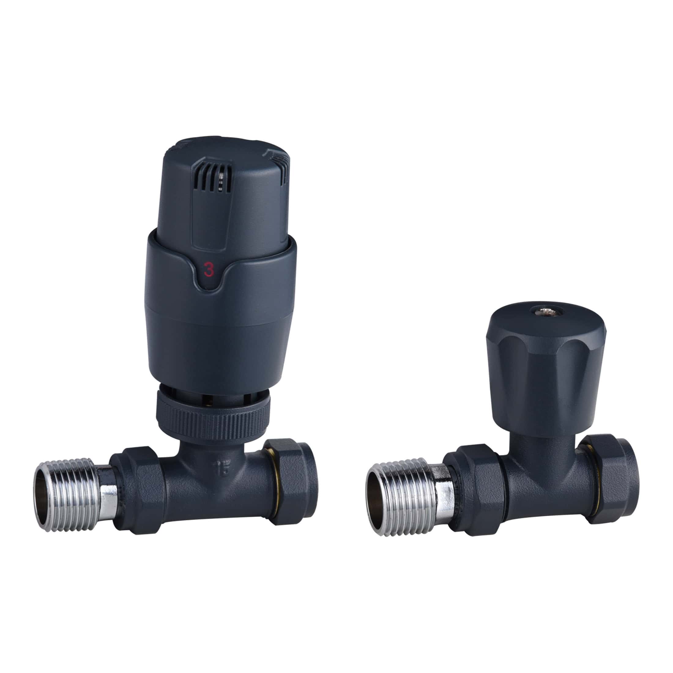 Blue thermostatic radiator valve and manual lockshield valve for bathroom heating systems, essential for controlling water temperature and flow in Bubly Bathrooms installations.