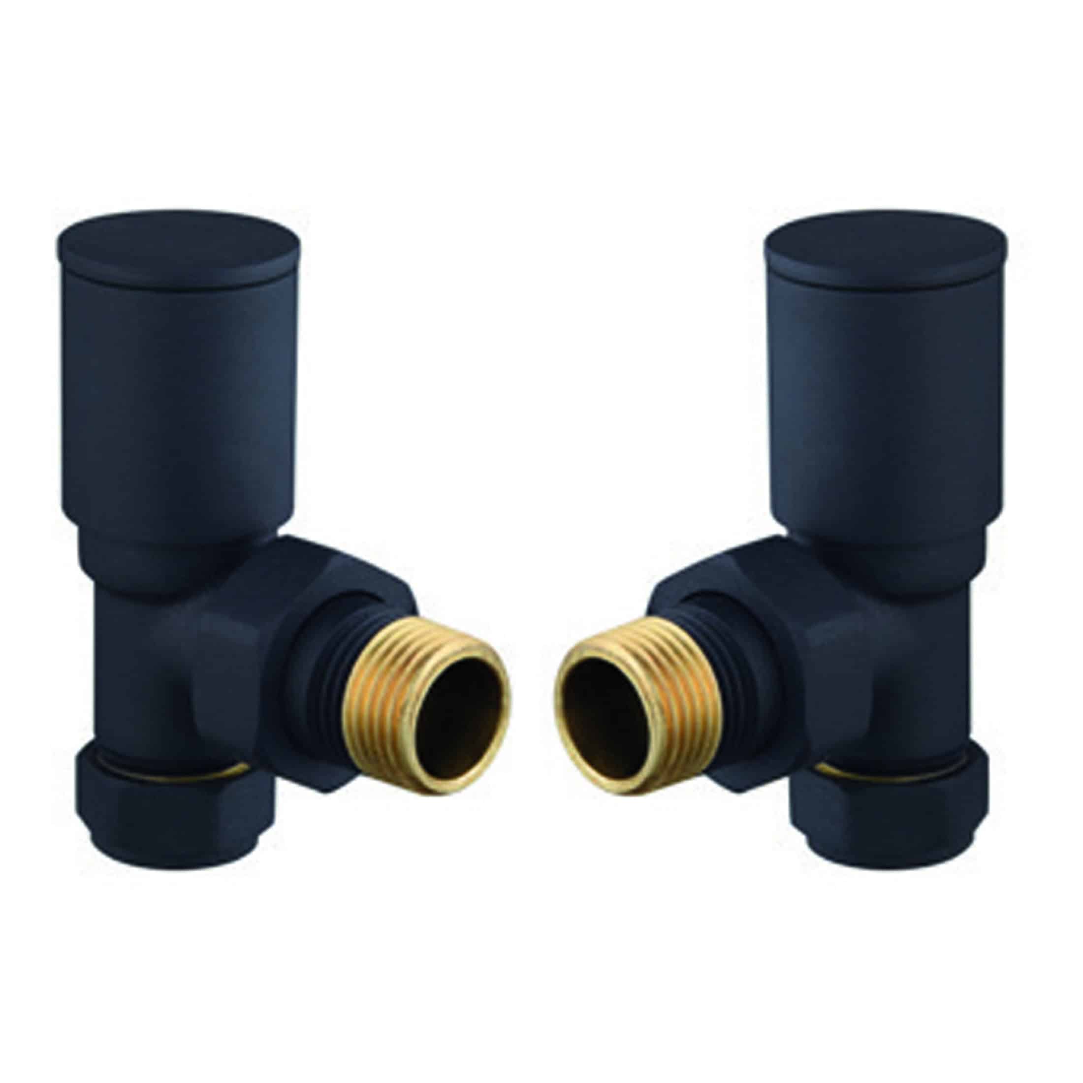 Flexible bathroom radiator valves with black and brass fittings for modern heating solutions. Ideal for plumbing and bathroom radiator adjustments, ensuring efficient heat control and stylish design.