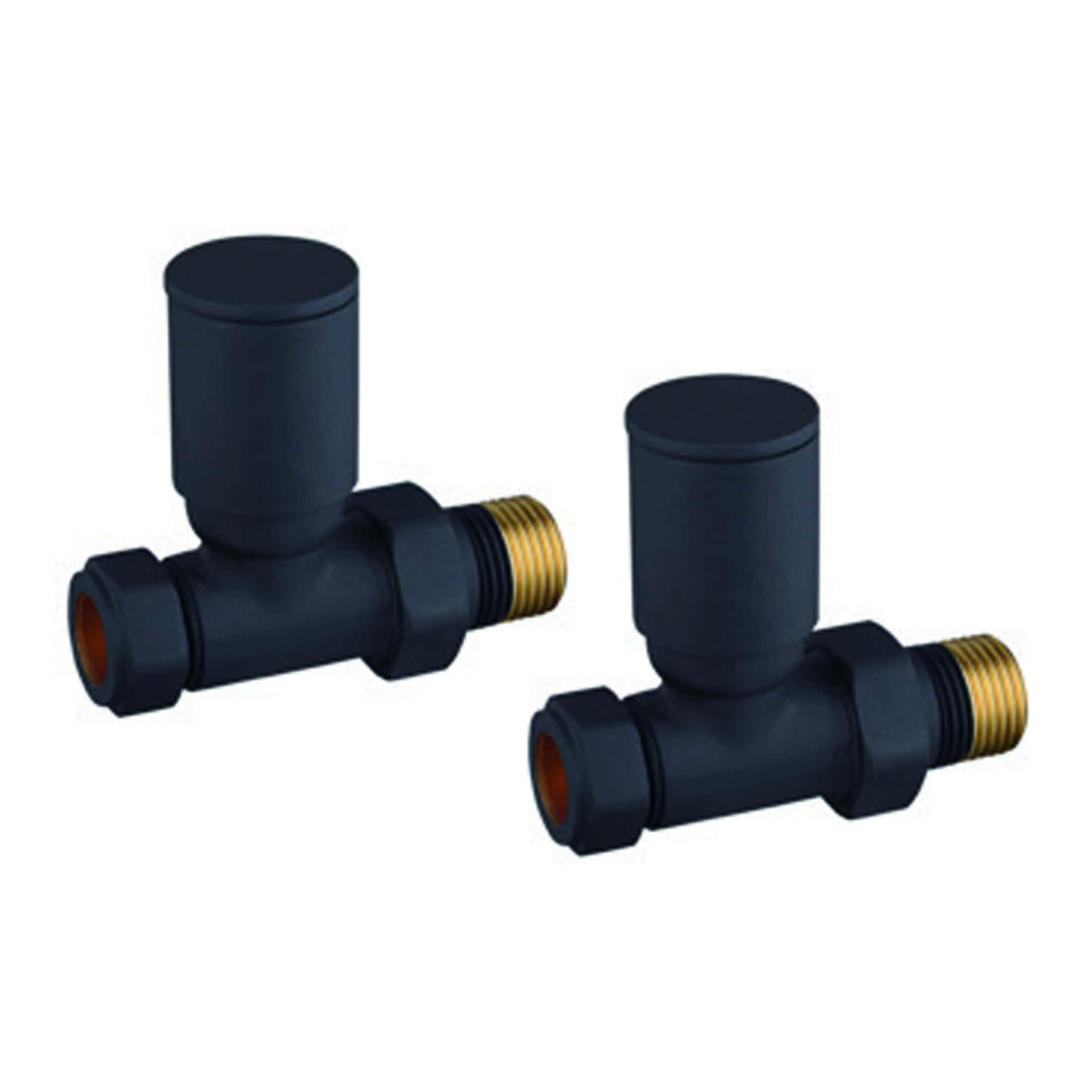 Black plastic radiator valves with brass fittings for bathroom heating systems, designed for reliable water flow control. Perfect for modern bathroom radiator installation and maintenance.