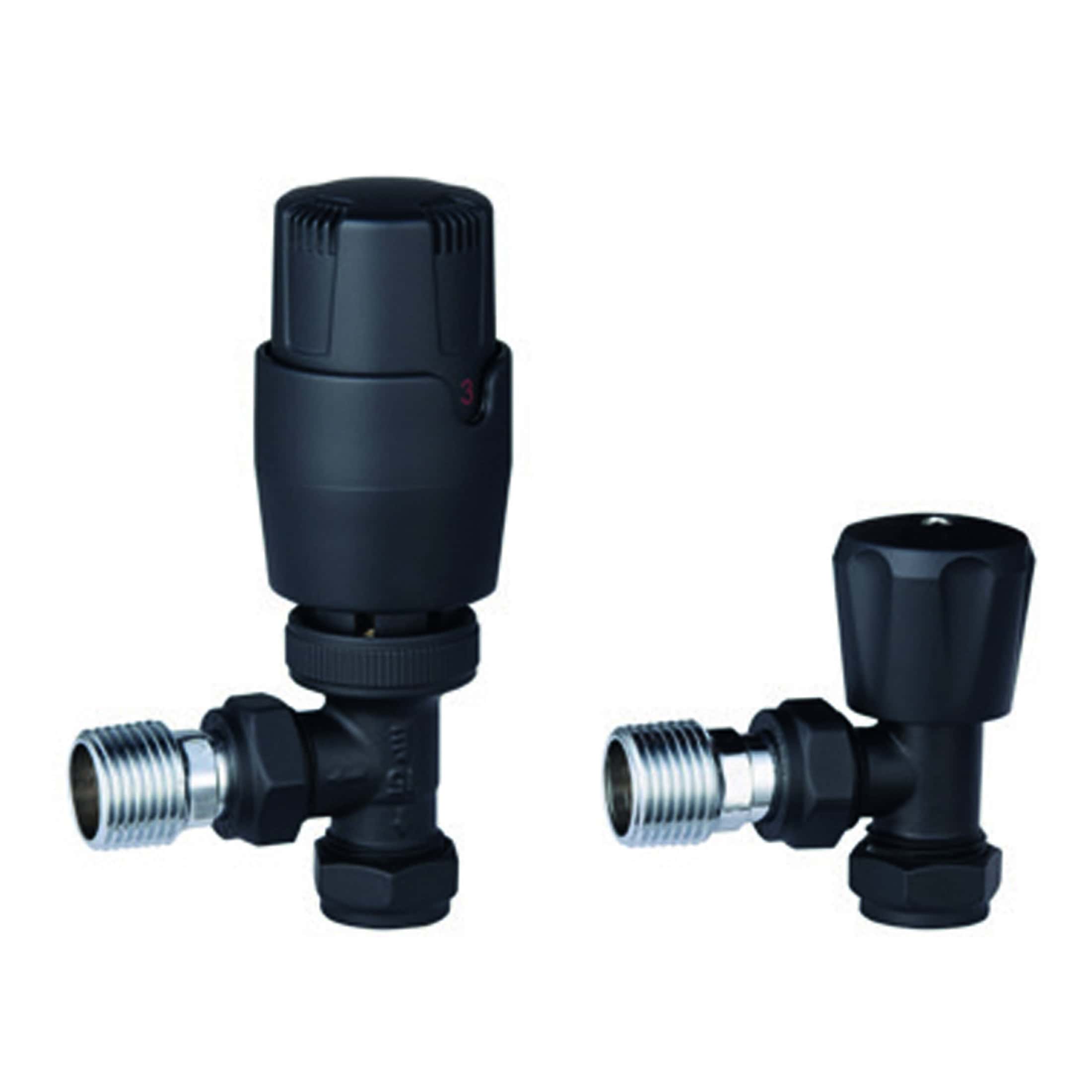 Boiler and radiator thermostatic valves for precise temperature control in bathrooms, ideal for modern Bubly bathroom installations. Durable black finish with easy-to-adjust dials.