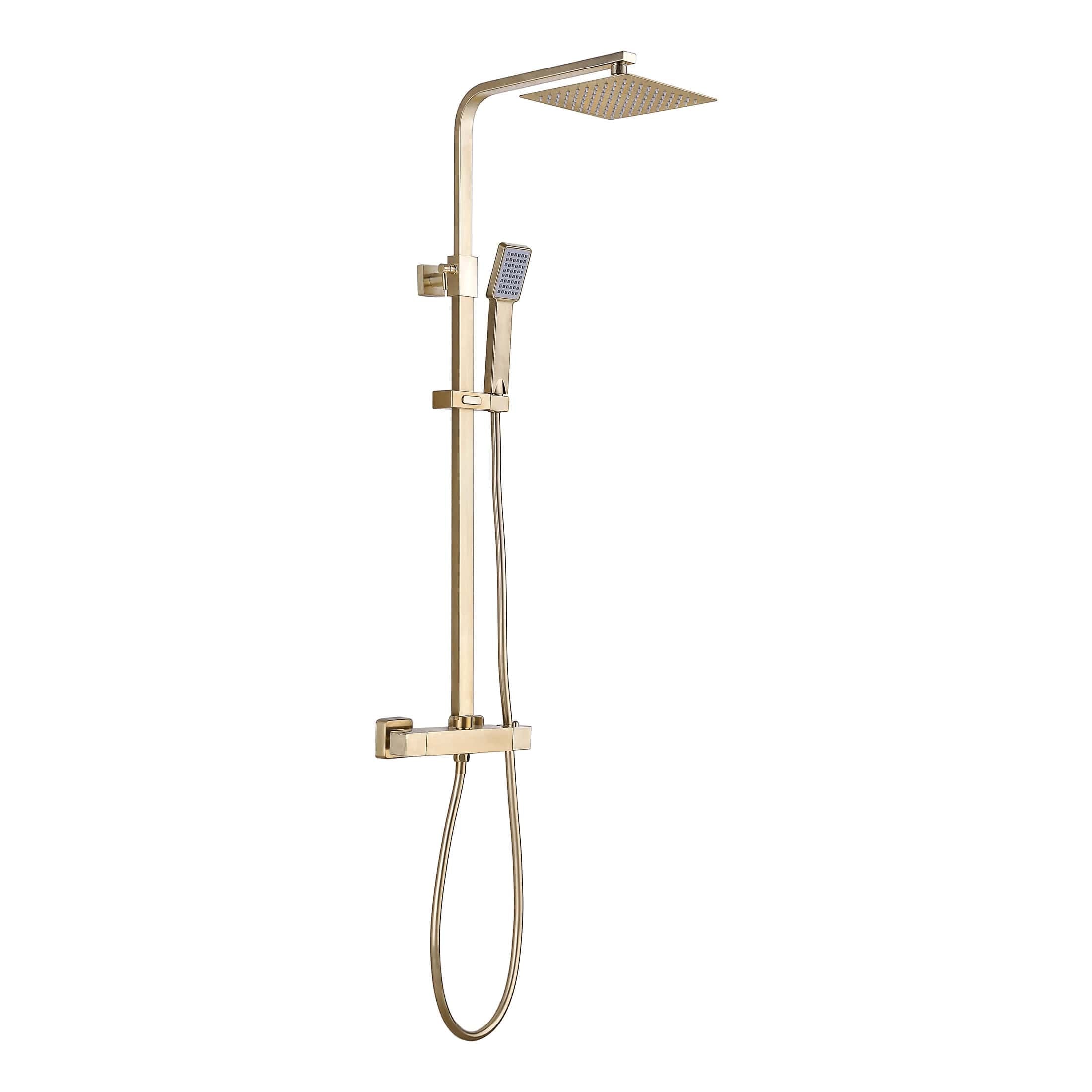Elegant gold bathroom shower system with rainfall and handheld showerheads, modern and luxurious design, perfect for upscale bathroom renovations or spa-inspired interiors.