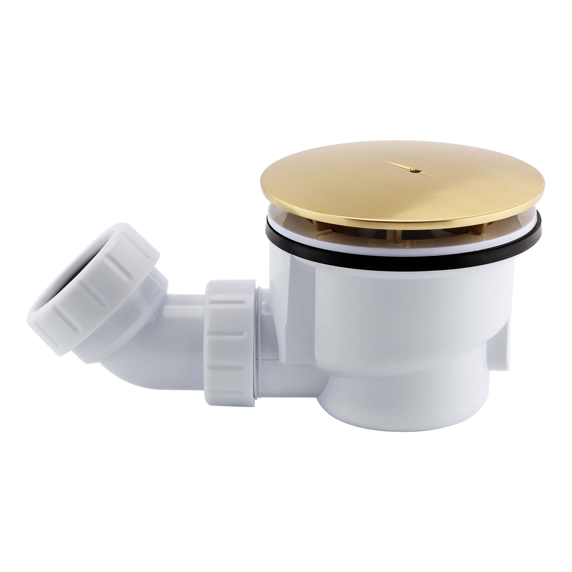 White plastic bathroom drain with gold cover for bath and shower drain systems, featuring durable construction and easy installation for optimal bathroom plumbing solutions.