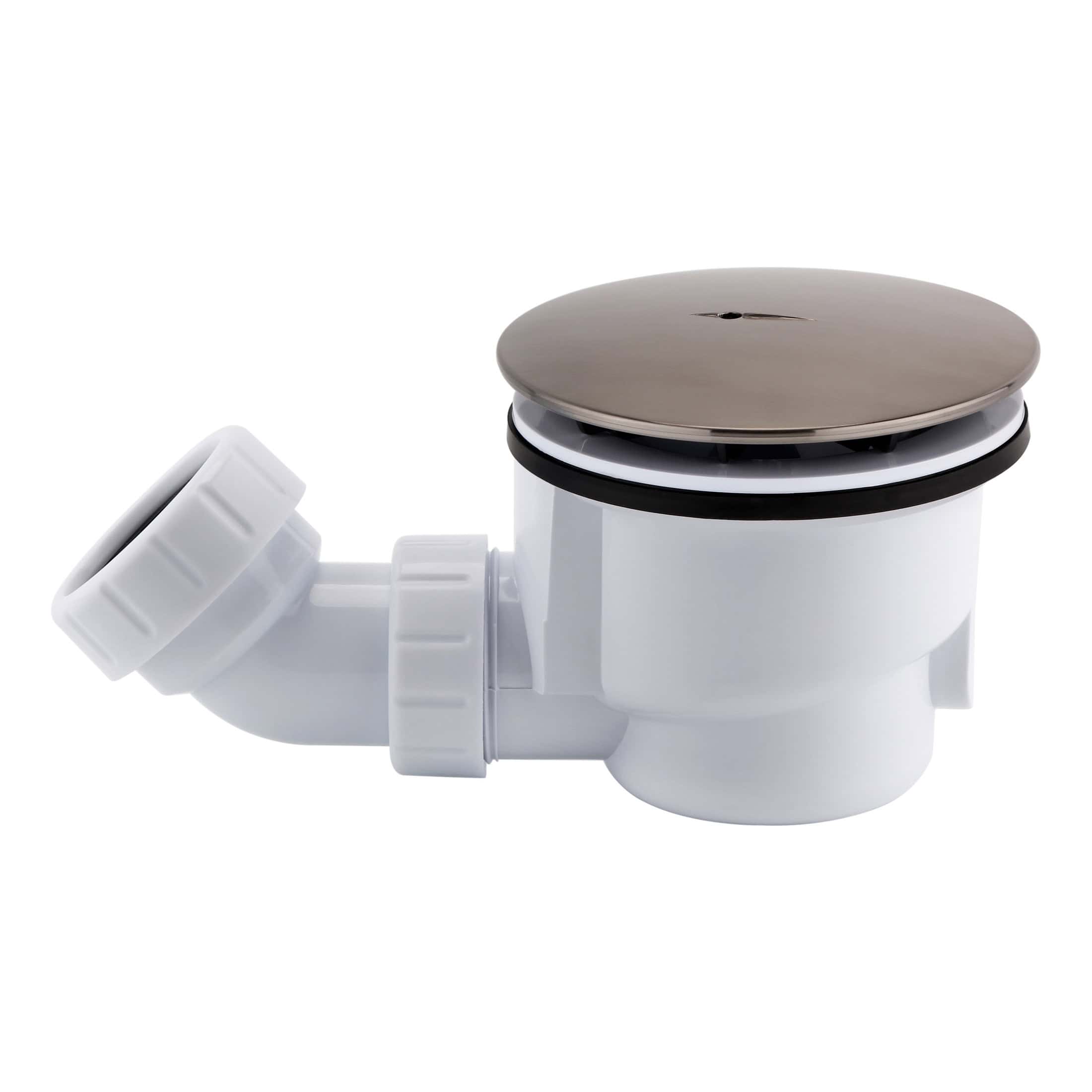 White plastic bathroom sink drain trap with a bronze cover, designed for effective plumbing and easy installation. Suitable for modern bathroom plumbing systems.