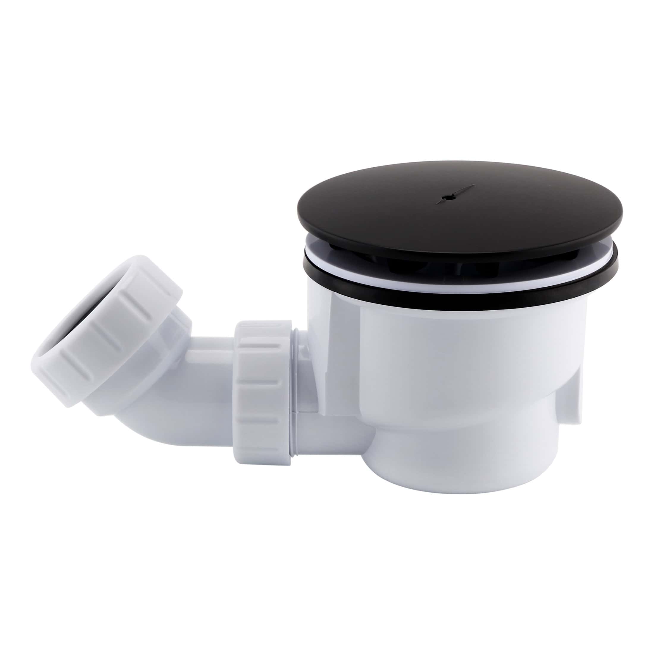 White plastic bathroom sink drain trap with black lid, suitable for plumbing installations, easy to install and maintain, designed for optimal drainage in modern bathrooms.