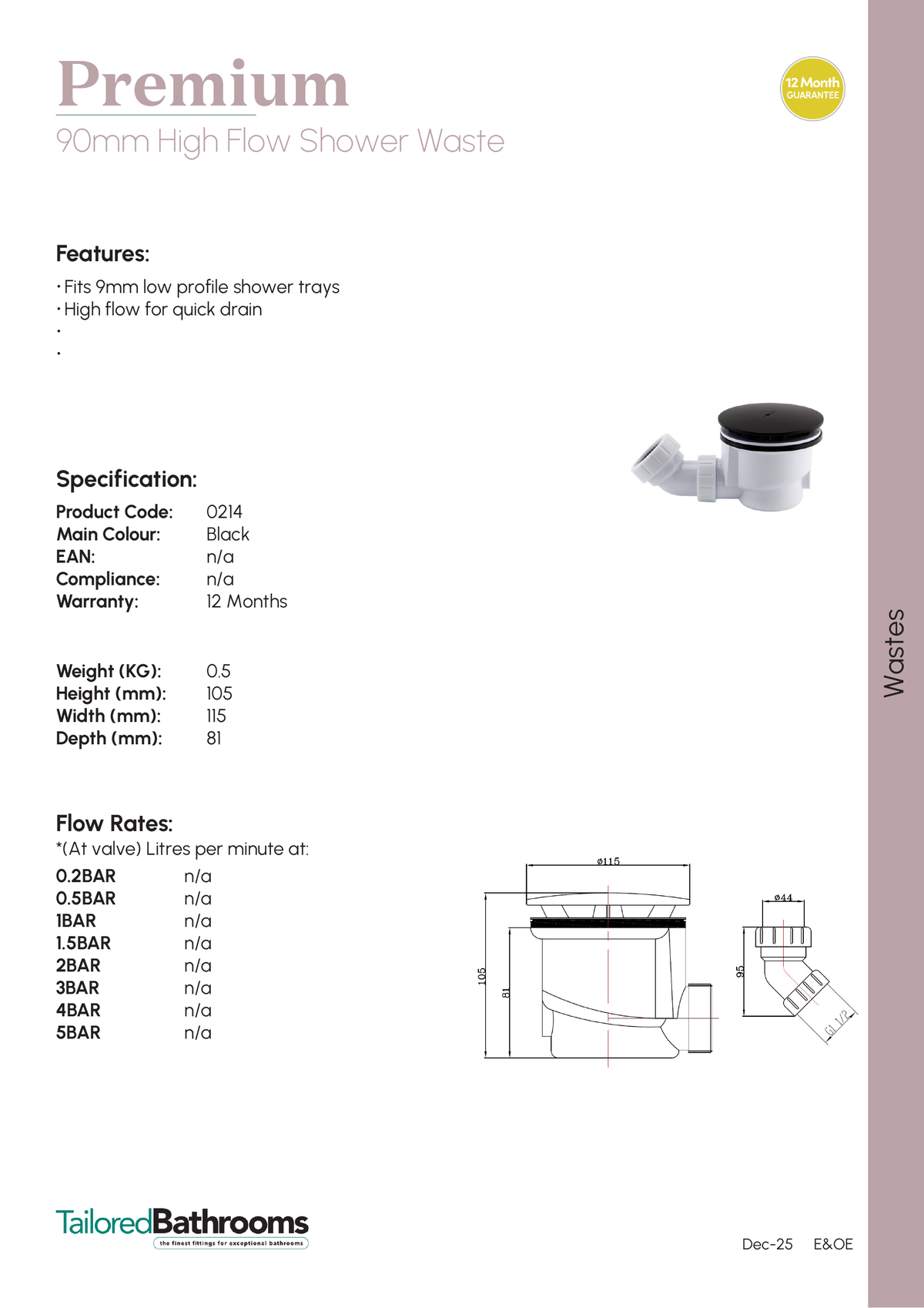 Tailored 90mm High Flow Shower Tray Waste - specification sheet with technical drawing and dimensions