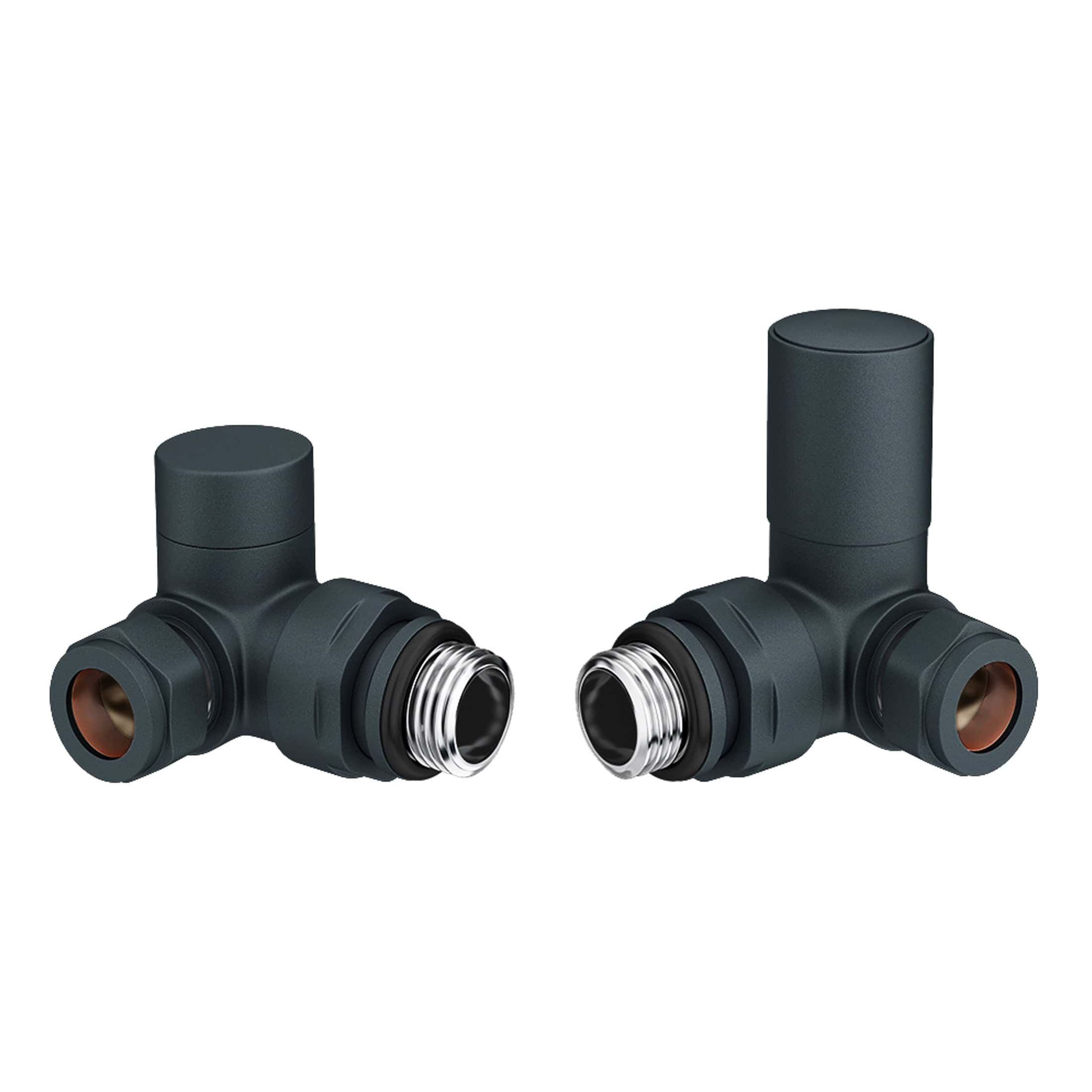 Flexible radiator TRVs for bathroom heating systems, black plastic with metal fittings, perfect for modern bathroom radiator control.