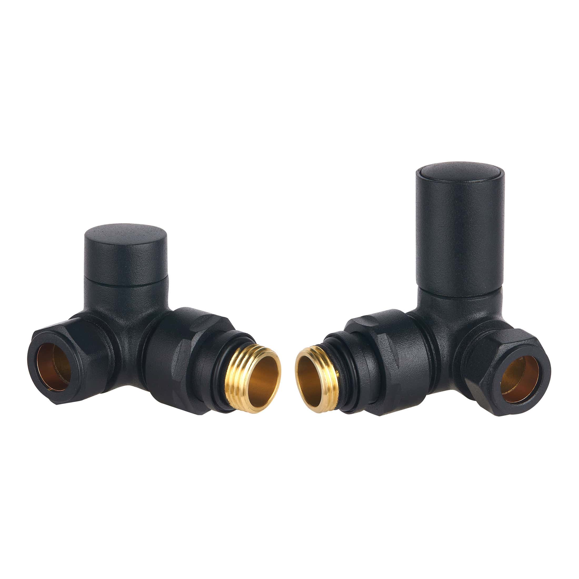 Brass radiator valve fittings with black plastic and gold threaded connectors, ideal for modern bathroom heating systems and plumbing installation.