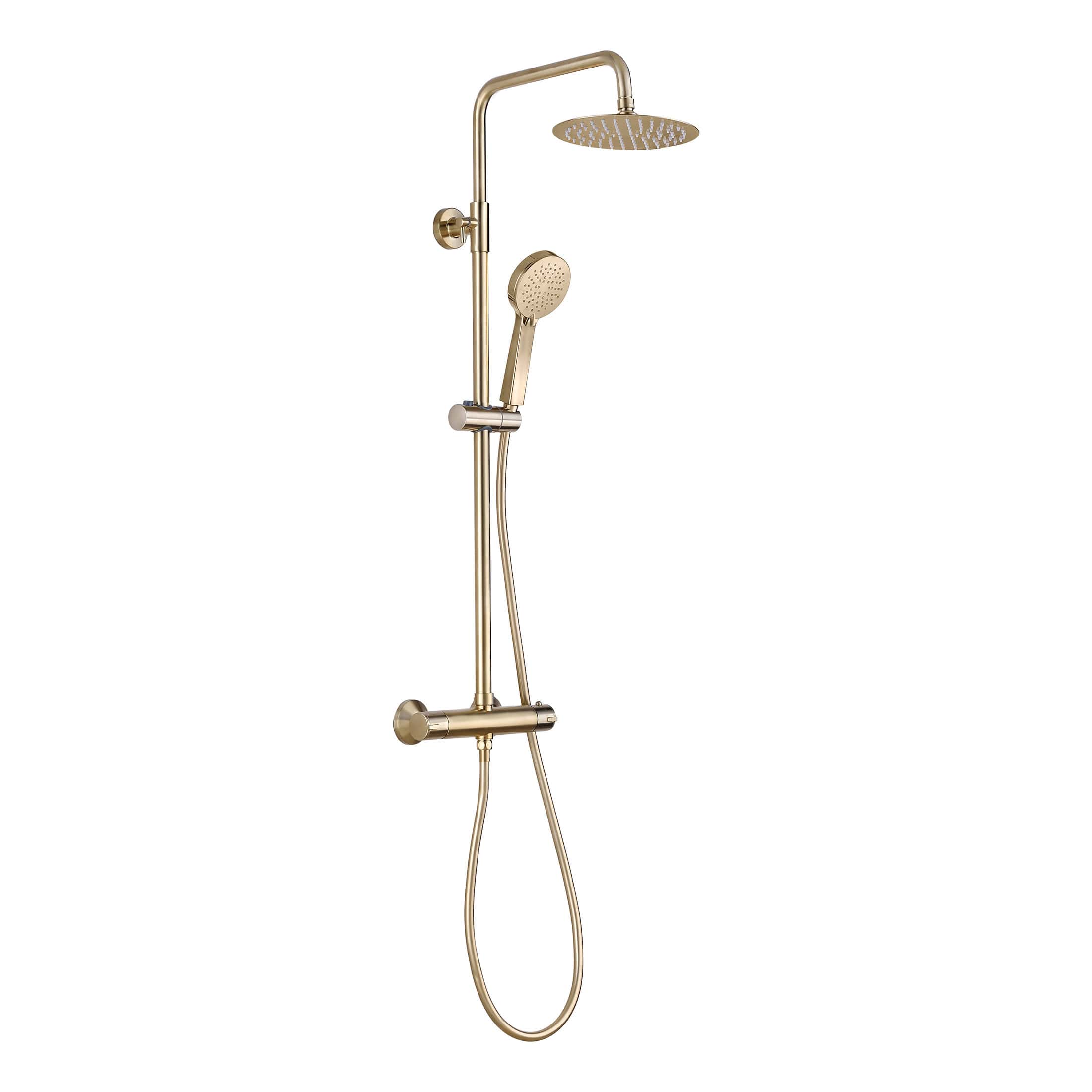 Shower system with a rainfall shower head and handheld attachment in a brushed gold finish for modern bathroom elegance.