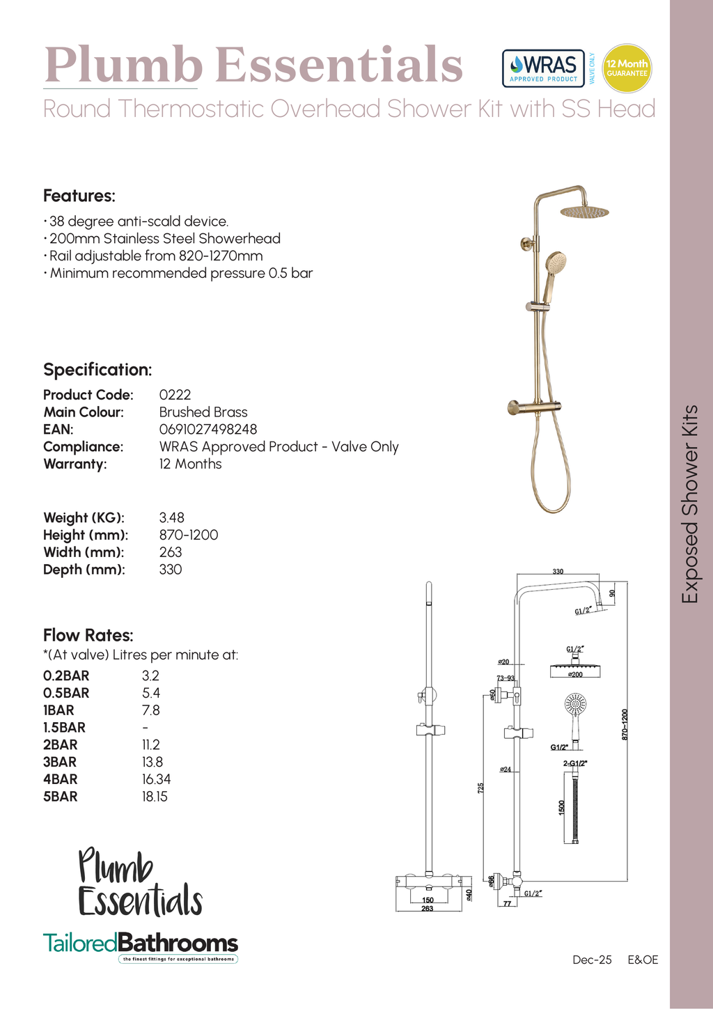 Tailored Plumb Essential Round 2 Outlet Thermostatic Concealed Shower Valve With Overhead Shower Kit - specification sheet with technical drawing and dimensions