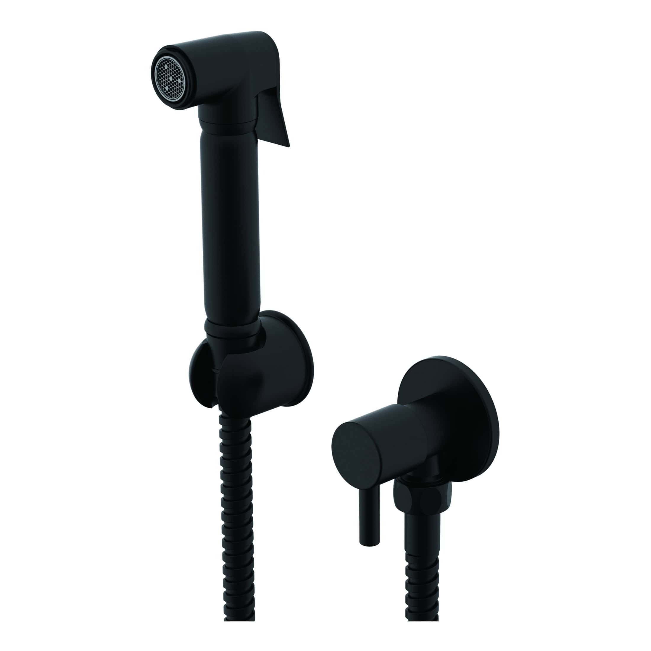 Black handheld bathroom bidet spray with wall mount and flexible hose, modern bathroom accessories for hygienic cleaning.