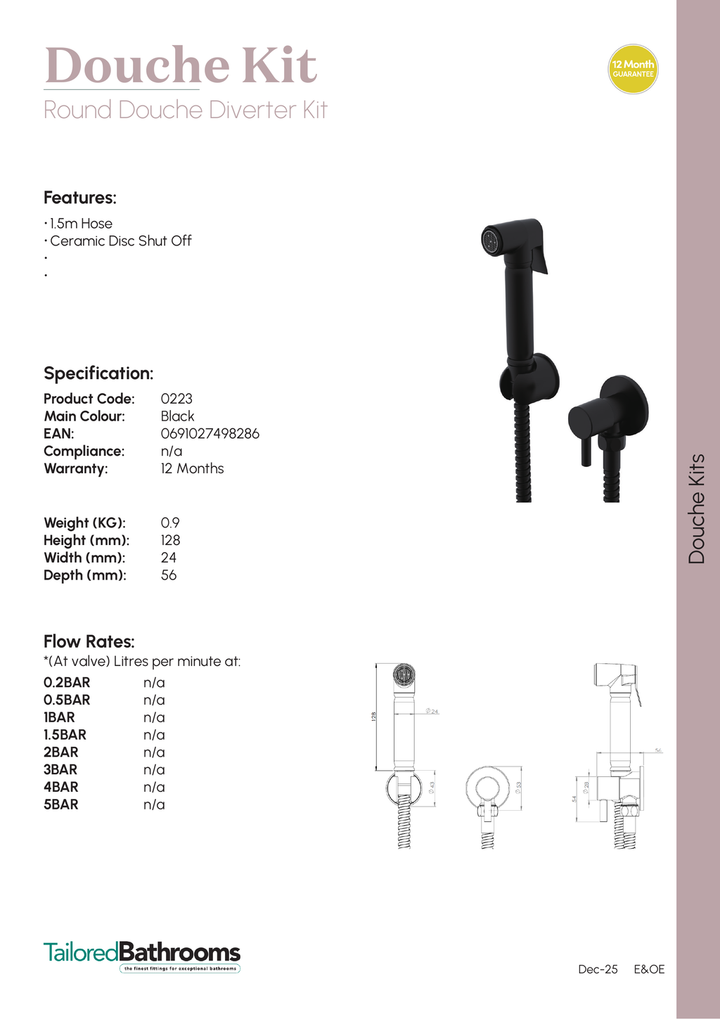 Tailored Round Diverter Douche Kit - specification sheet with technical drawing and dimensions