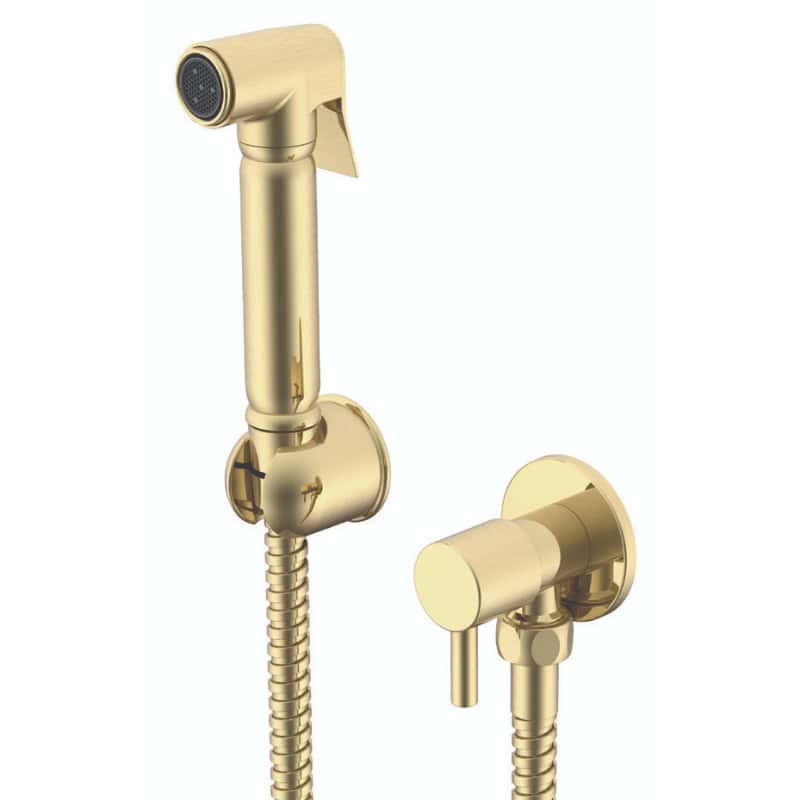 Polished gold bathroom handheld bidet shower spray with wall mount bracket and flexible hose, ideal for modern bathroom hygiene and easy installation.