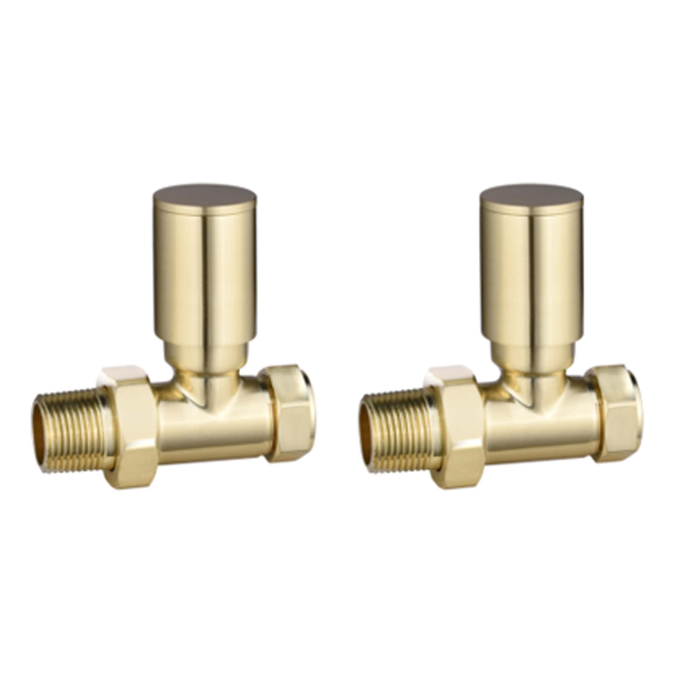 Brass radiator valve pair for thermostatic control, ideal for modern bathroom heating systems, durable and corrosion-resistant, perfect for bathroom upgrade projects.
