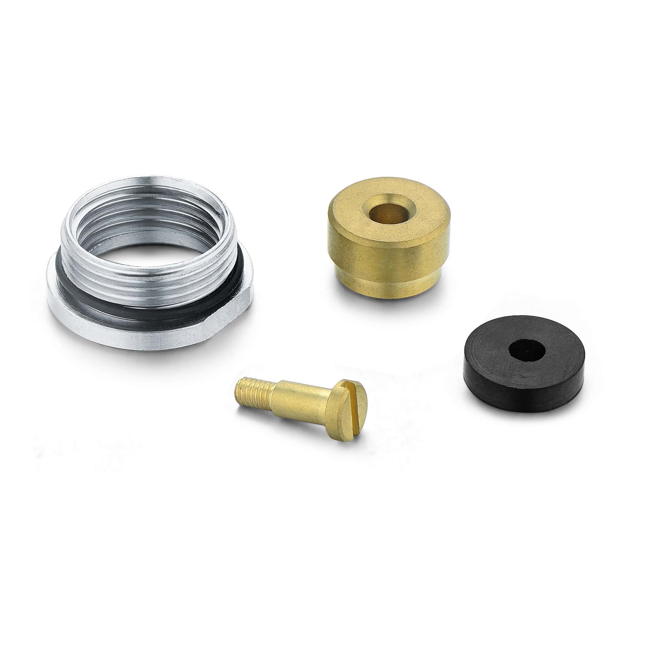 Compact plumbing valve and fixture parts for Bubly Bathrooms, including brass, rubber, and metal components for bathroom appliance installation and repair.
