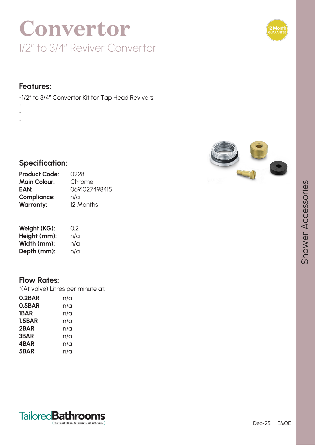 Tailored 1/2" to 3/4" Tap Reviver Convertor - 228 - specification sheet with technical drawing and dimensions