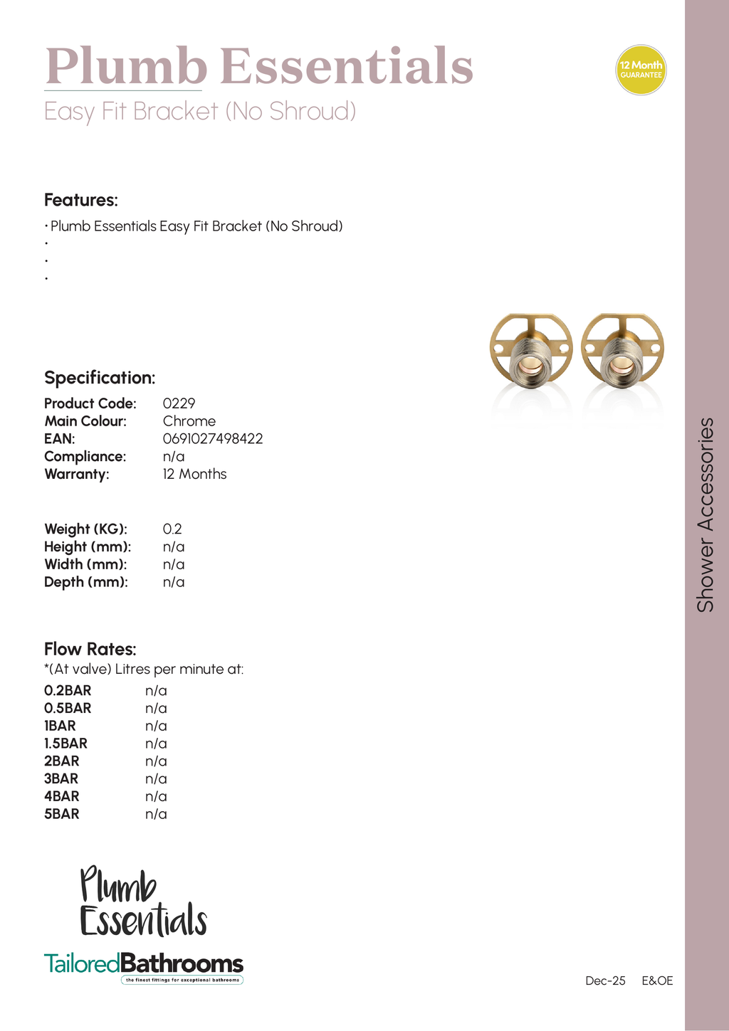 Tailored Plumb Essentials Easy Fit Bracket - 229 - specification sheet with technical drawing and dimensions