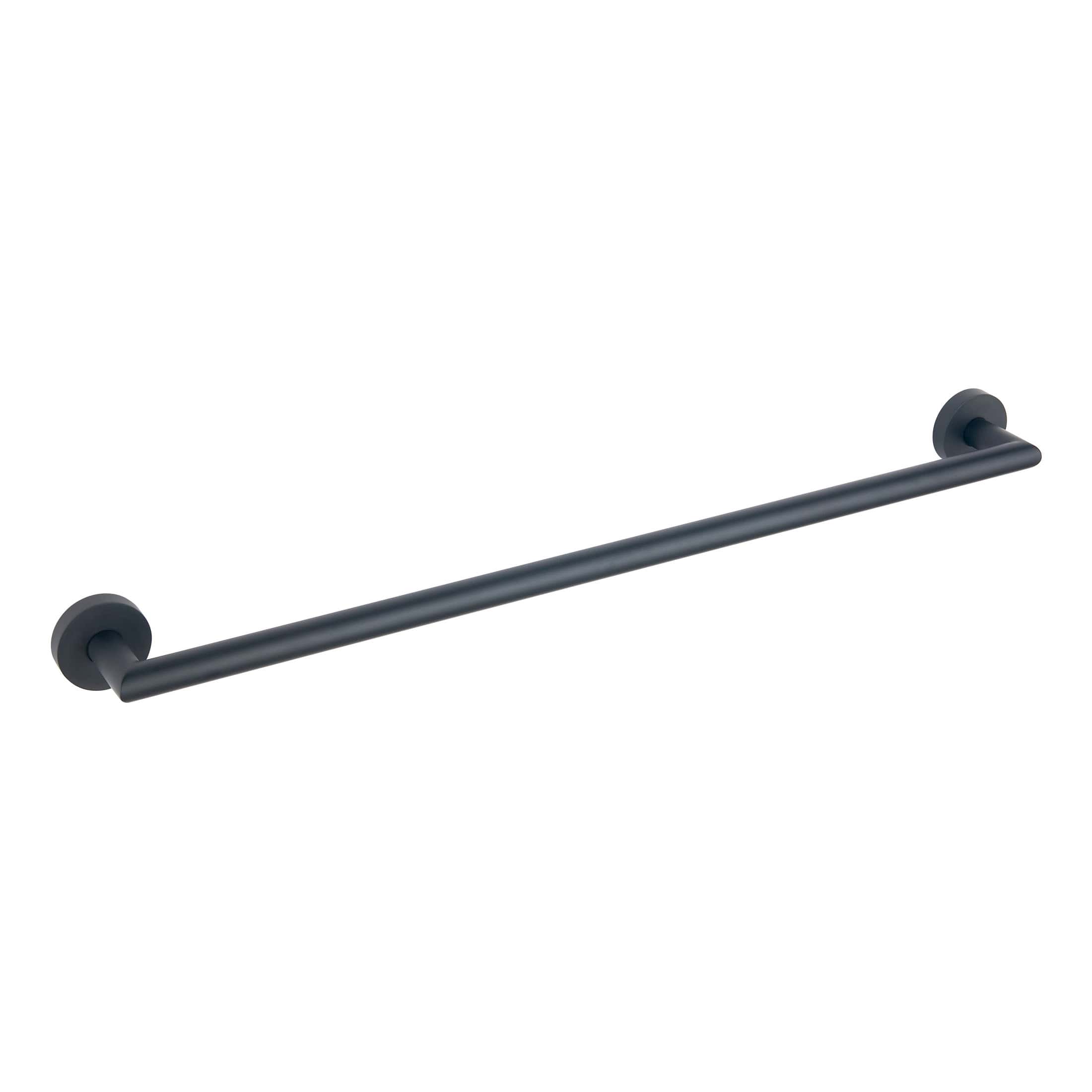 Black bathroom towel rail for modern bathroom decor, featuring a sleek minimalist design with wall-mounted installation, ideal for hanging towels and bathroom accessories.