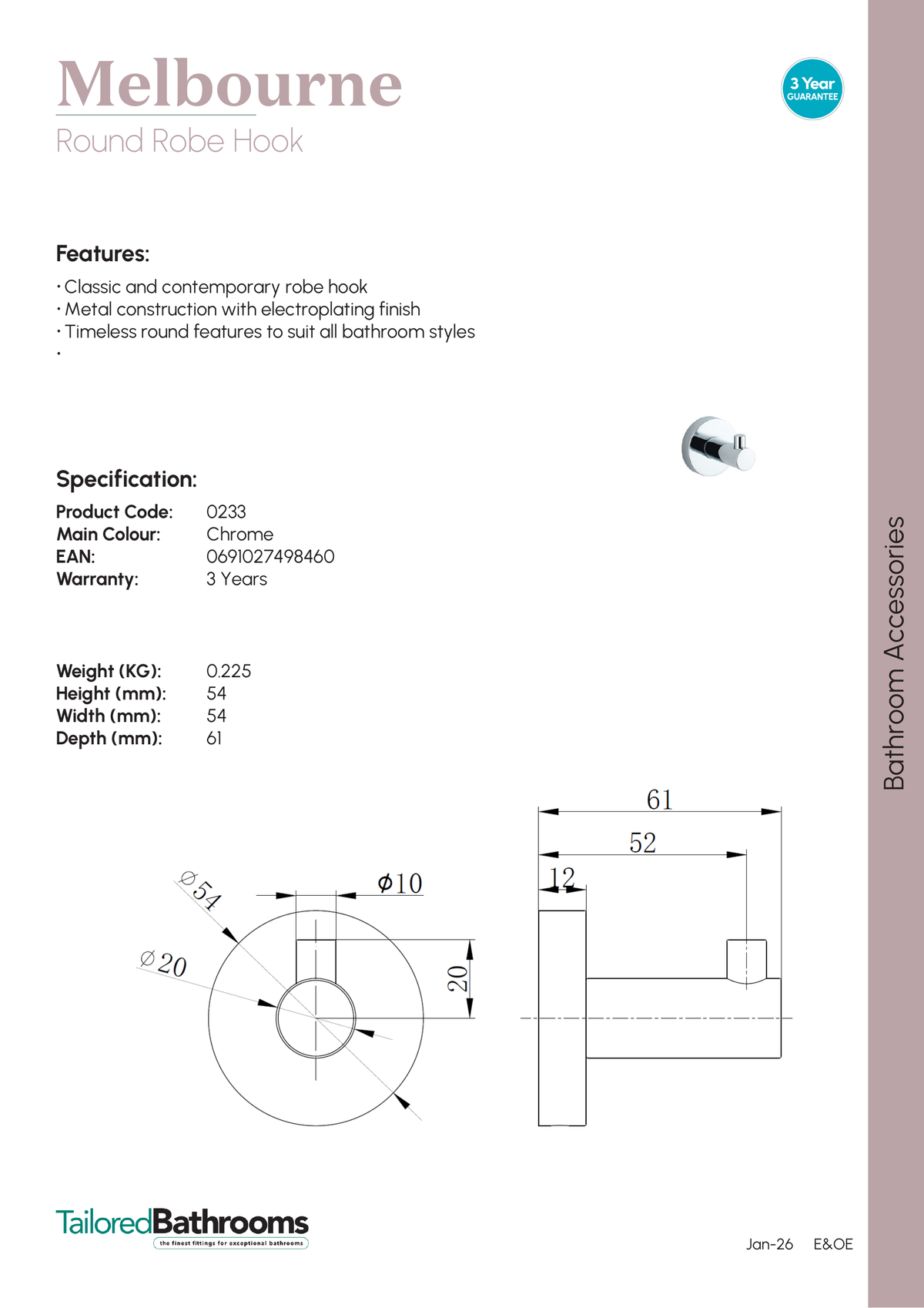 Tailored Melbourne Round Robe Hook - specification sheet with technical drawing and dimensions