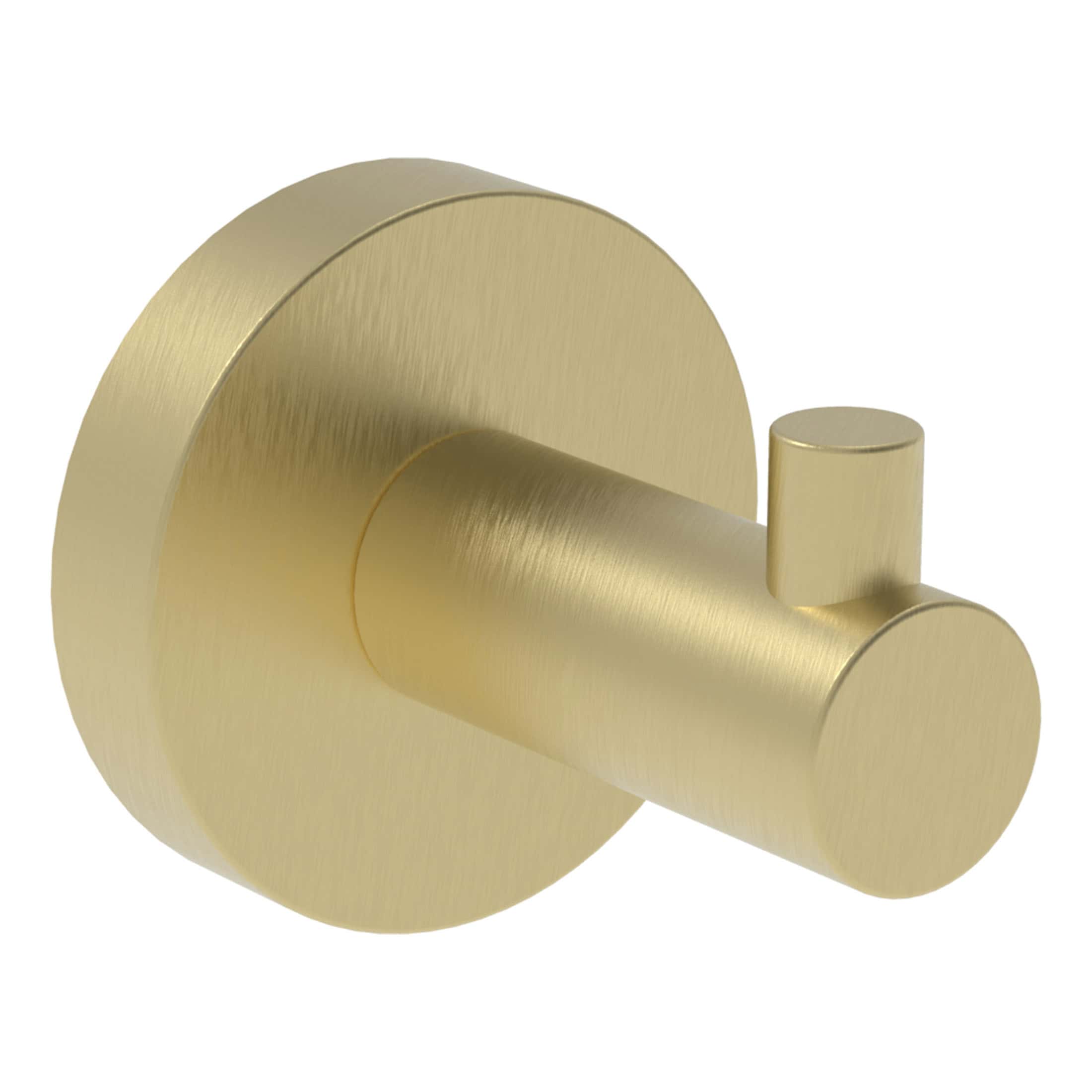 Polished gold bathroom robe hook with modern minimalist design, ideal for bathroom, bedroom or cloakroom organisation, offering elegant style and sturdy wall-mount fixture.