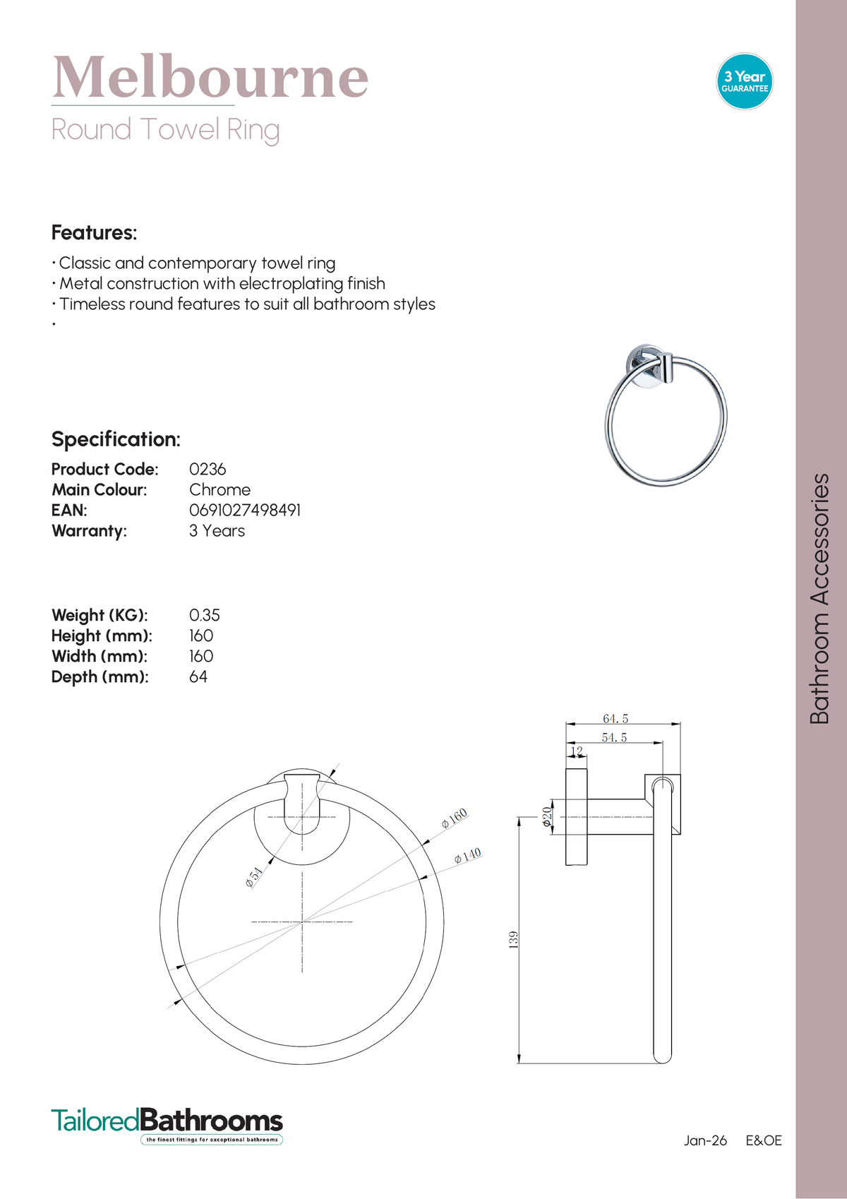Tailored Melbourne Round Towel Ring - specification sheet with technical drawing and dimensions