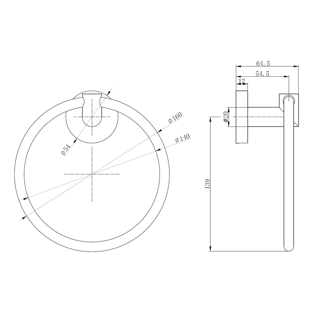 High-quality technical drawing of a modern bathroom towel ring with detailed measurements and dimensions, ideal for bathroom accessories and interior design projects.