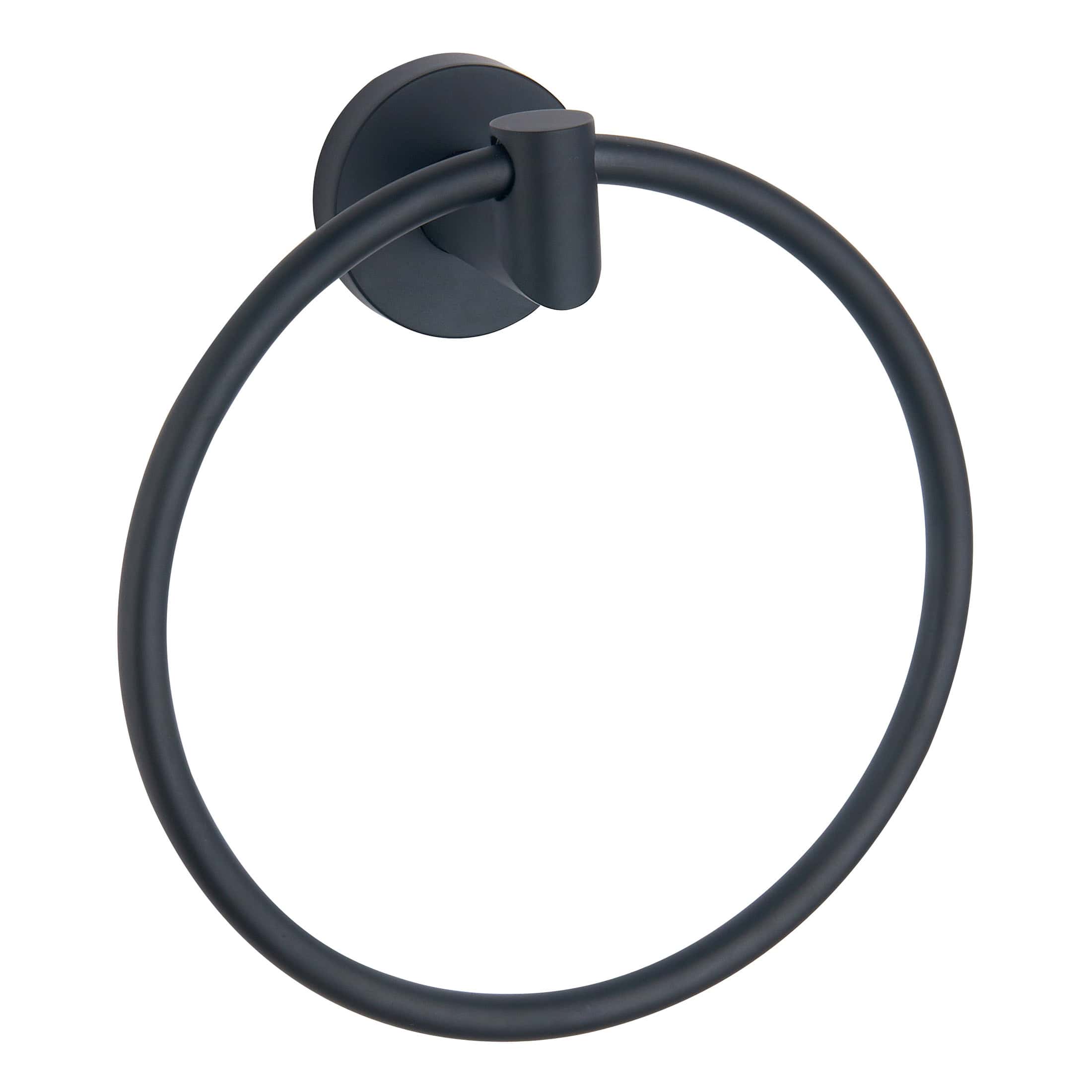 Sleek black towel ring with modern matte finish, ideal for contemporary bathroom designs by Bubly Bathrooms. Perfect for hanging towels and adding style to your bathroom decor.