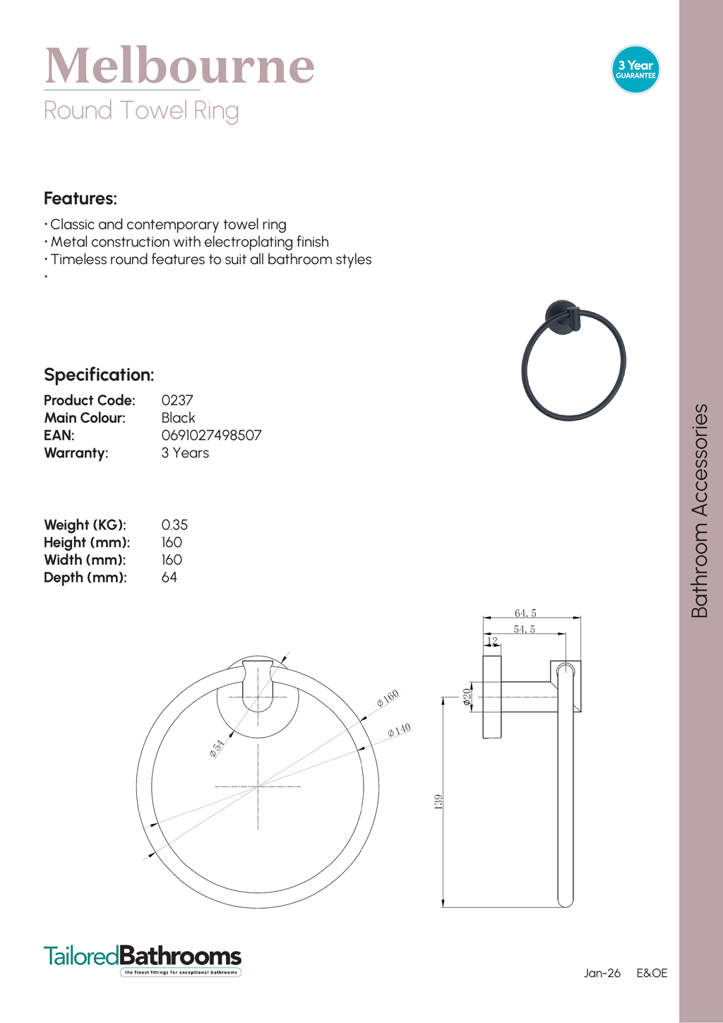 Tailored Melbourne Round Towel Ring - specification sheet with technical drawing and dimensions