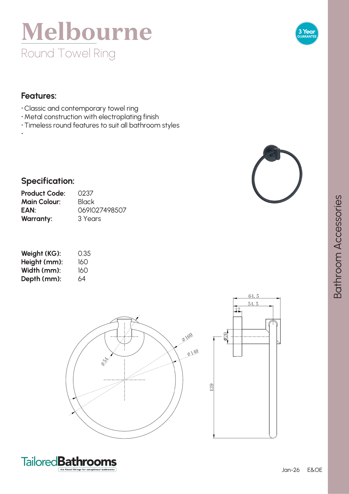 Tailored Melbourne Round Towel Ring - specification sheet with technical drawing and dimensions