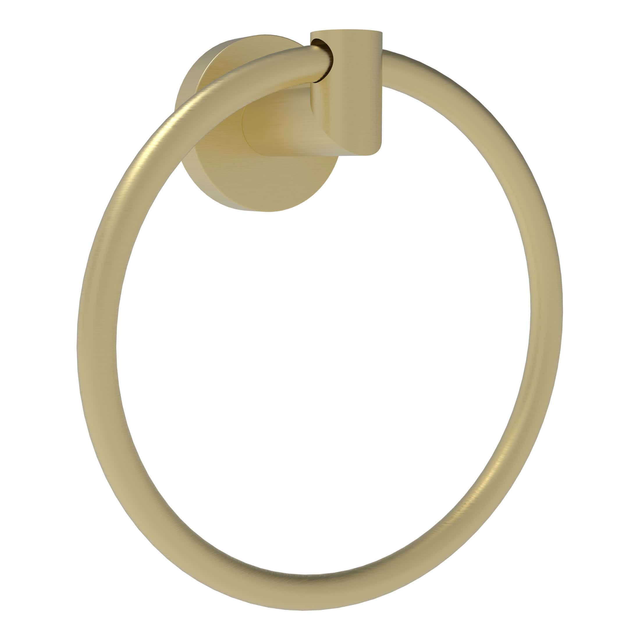 Shiny gold bathroom towel ring mounted on wall, modern bathroom accessories, elegant towel holder design.
