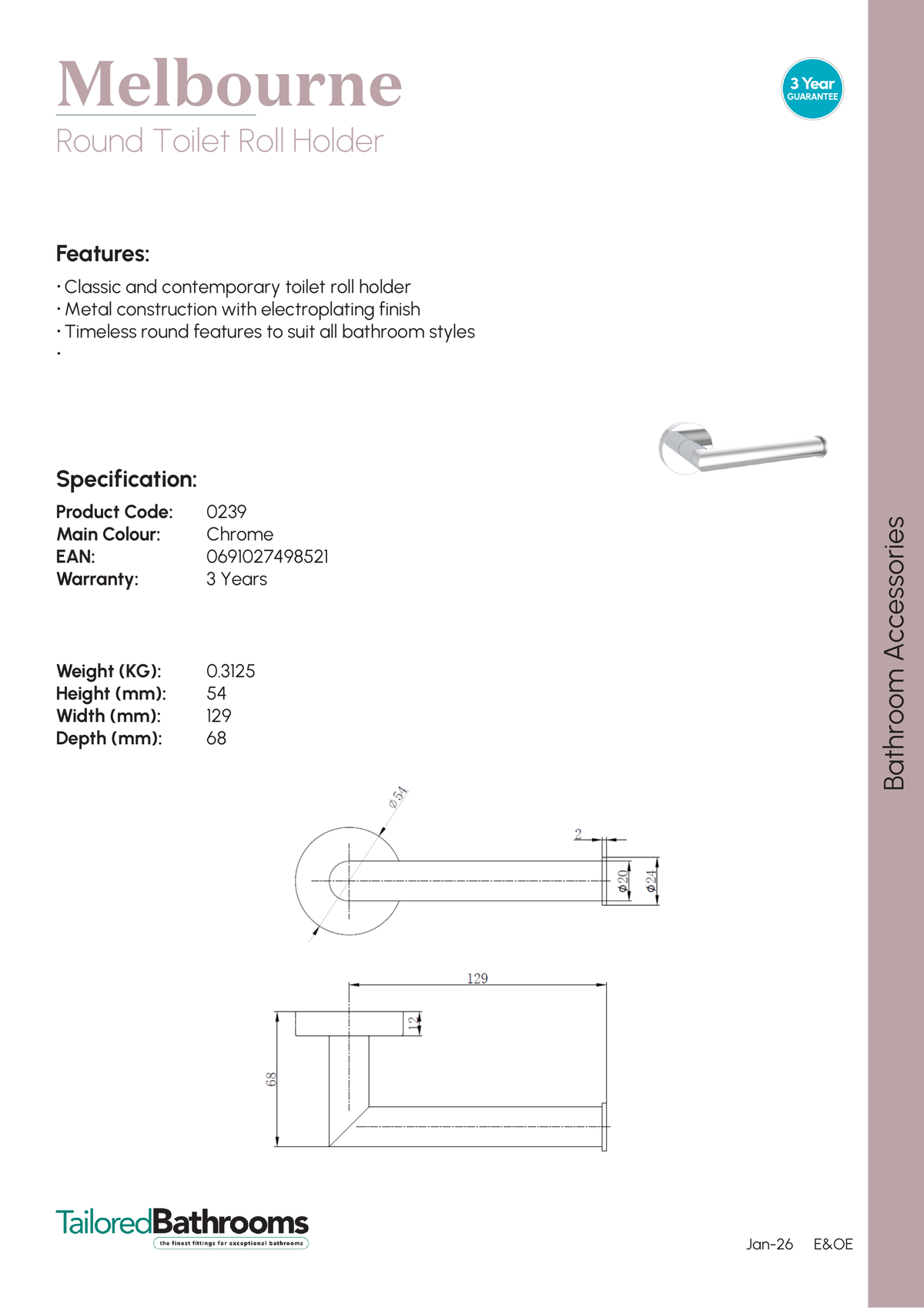 Tailored Melbourne Round Toilet Roll Holder - specification sheet with technical drawing and dimensions