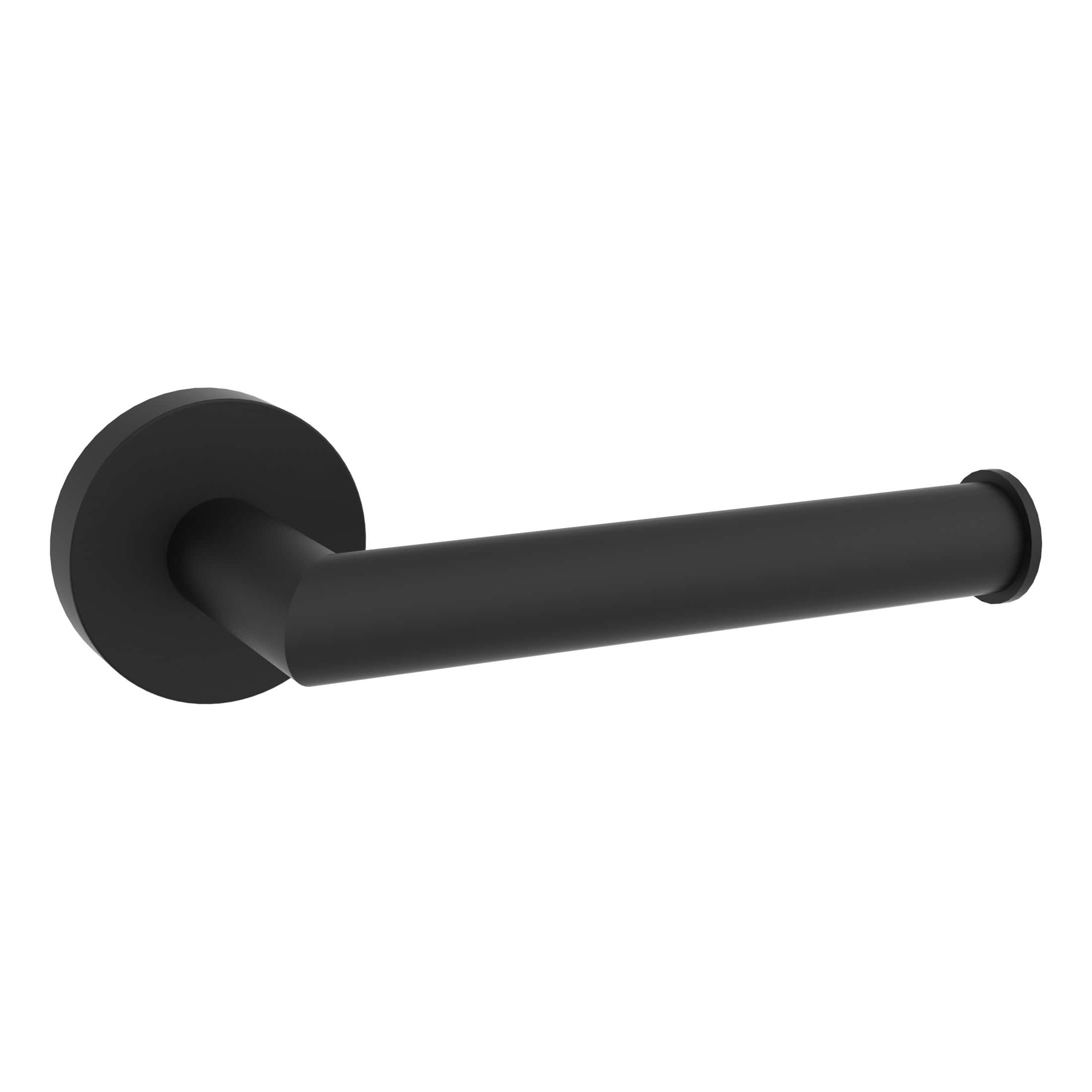 Black matte bathroom toilet paper holder, wall-mounted with a sleek modern design for contemporary bathrooms. Durable metal construction, easy to install.