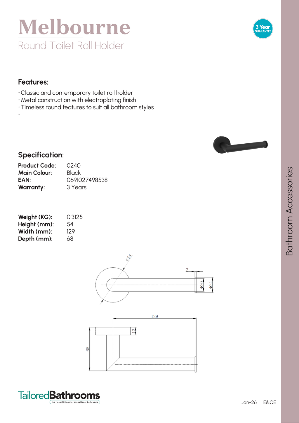 Tailored Melbourne Round Toilet Roll Holder - specification sheet with technical drawing and dimensions