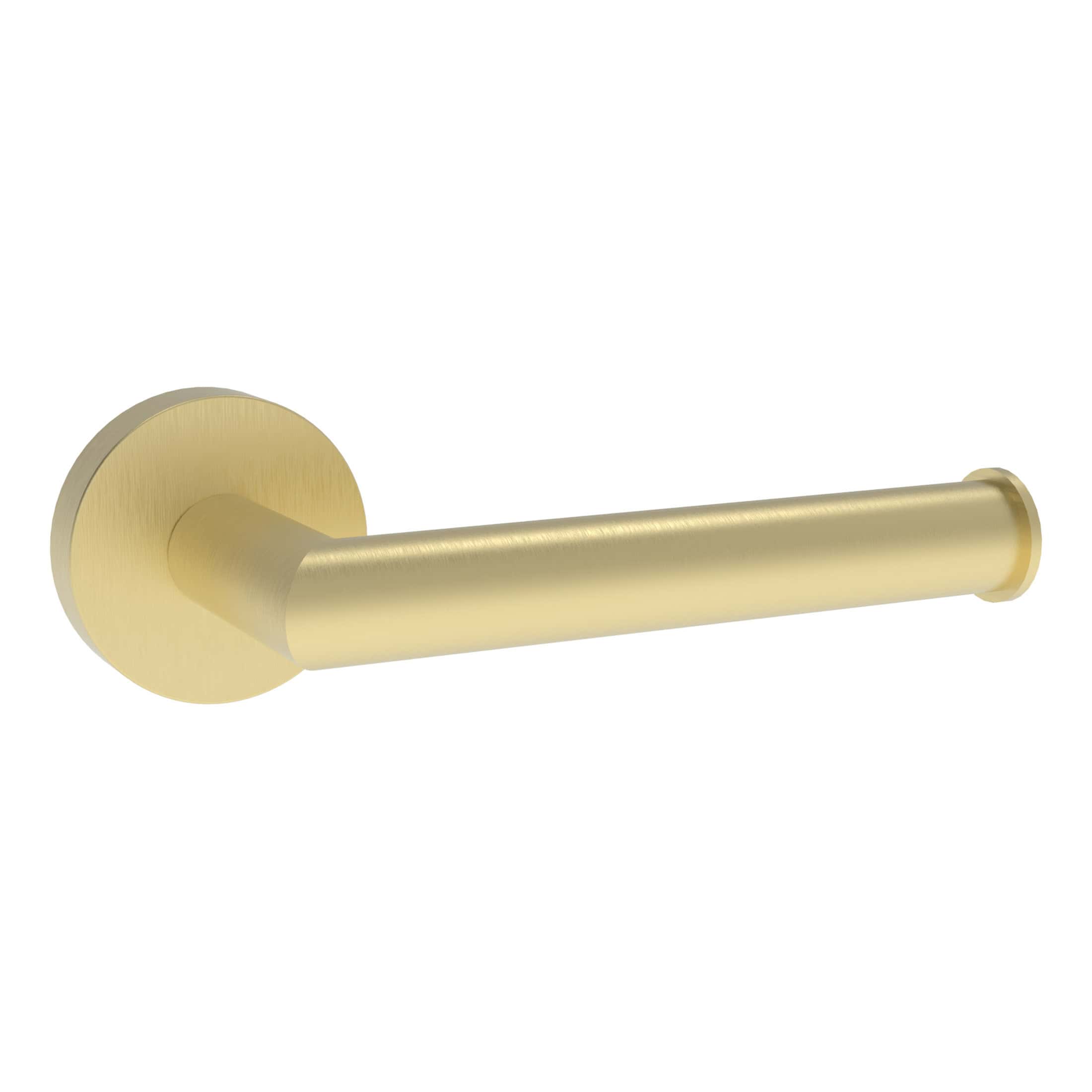 Sleek brushed brass bathroom toilet paper holder with modern minimalistic design suitable for contemporary bathroom decor.