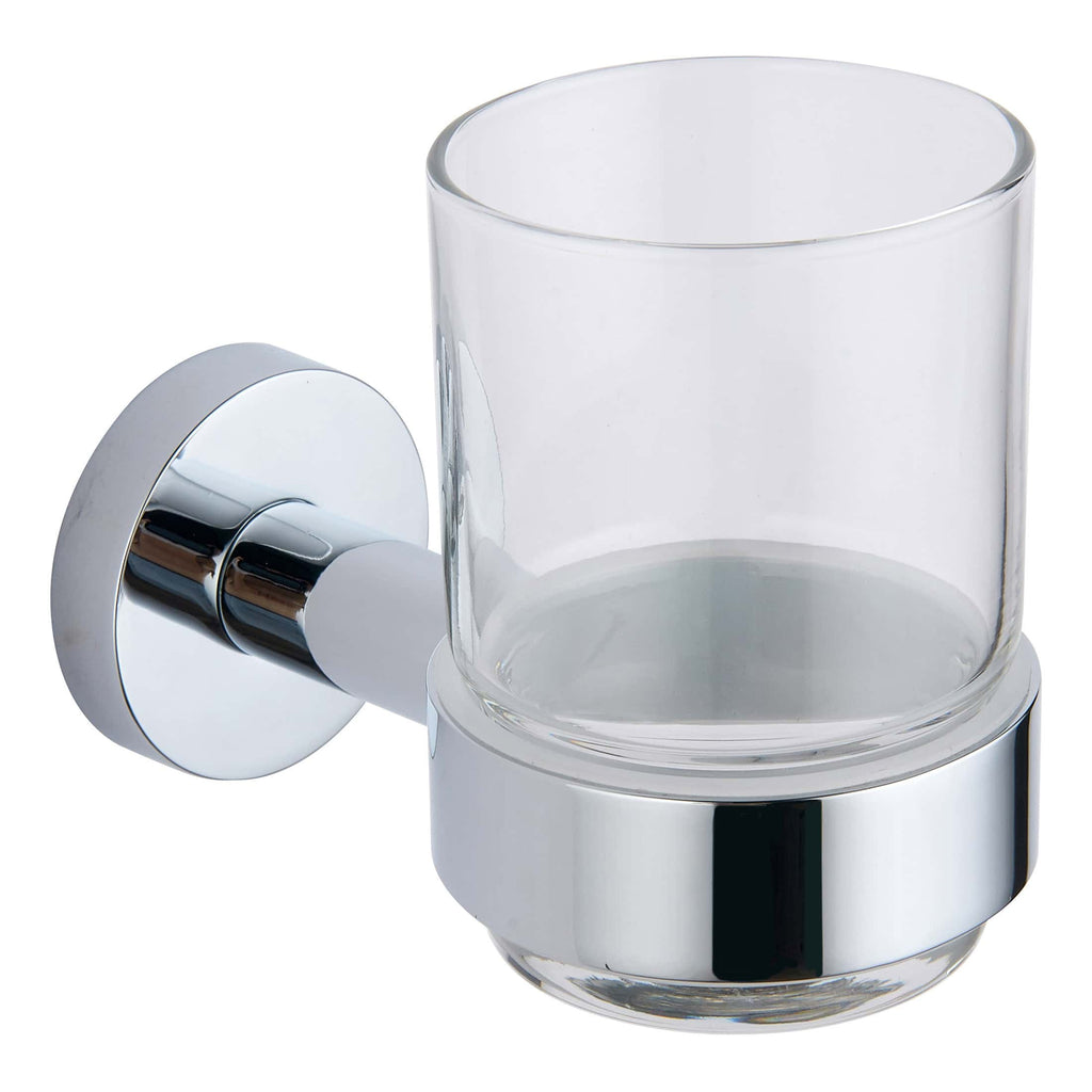 Sleek modern bathroom glass tumbler holder with chrome finish, designed for bathroom organisation and aesthetics. Perfect for storing toothbrushes, toothpaste, or other bathroom essentials.