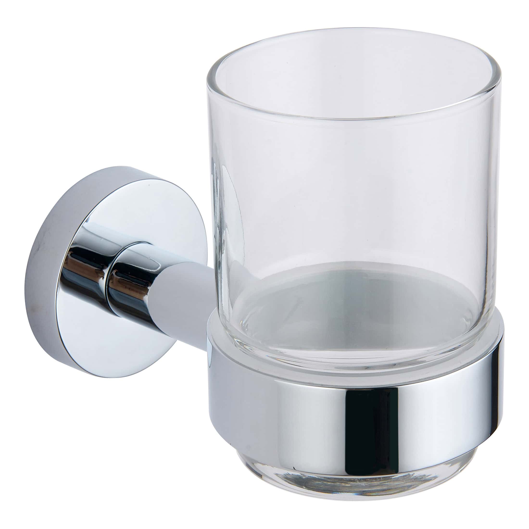 Sleek modern bathroom glass tumbler holder with chrome finish, designed for bathroom organisation and aesthetics. Perfect for storing toothbrushes, toothpaste, or other bathroom essentials.